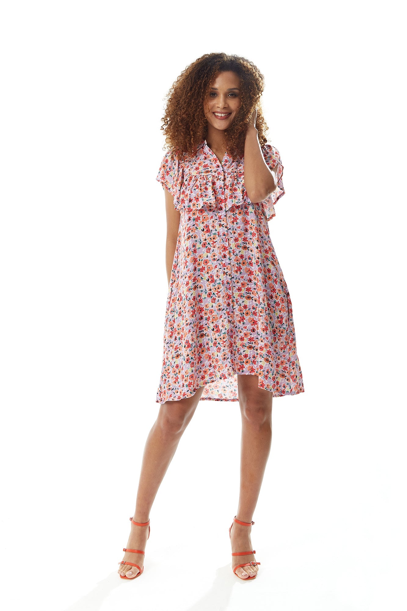 Women's Mini Dress with Frill Details and Short Sleeves in Purple Floral Print - Liquorish