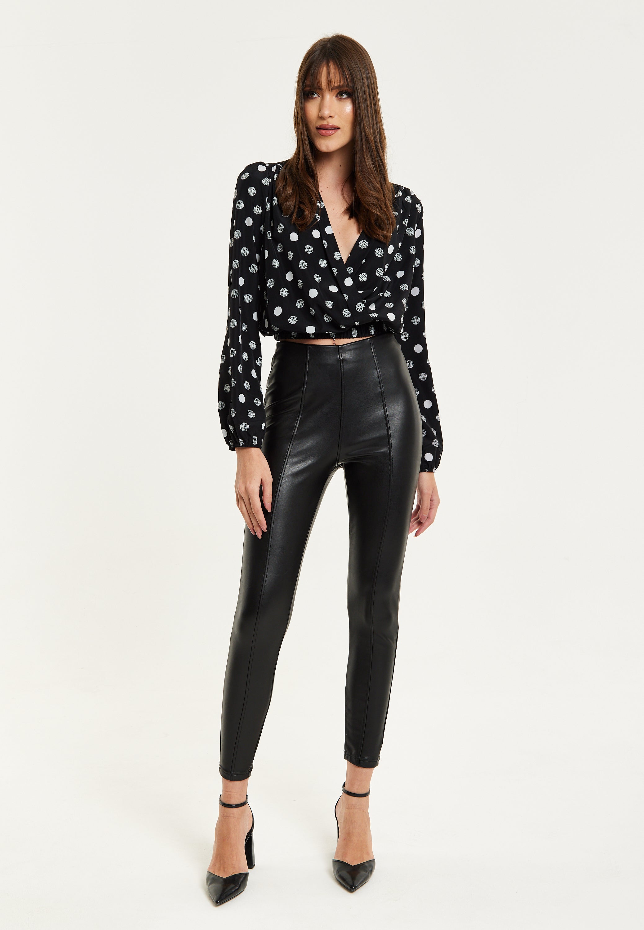 Women's Black Polka Dot Print Wrap Top with Long Sleeves, Crossover Front, V Neck, and Elasticated Waist