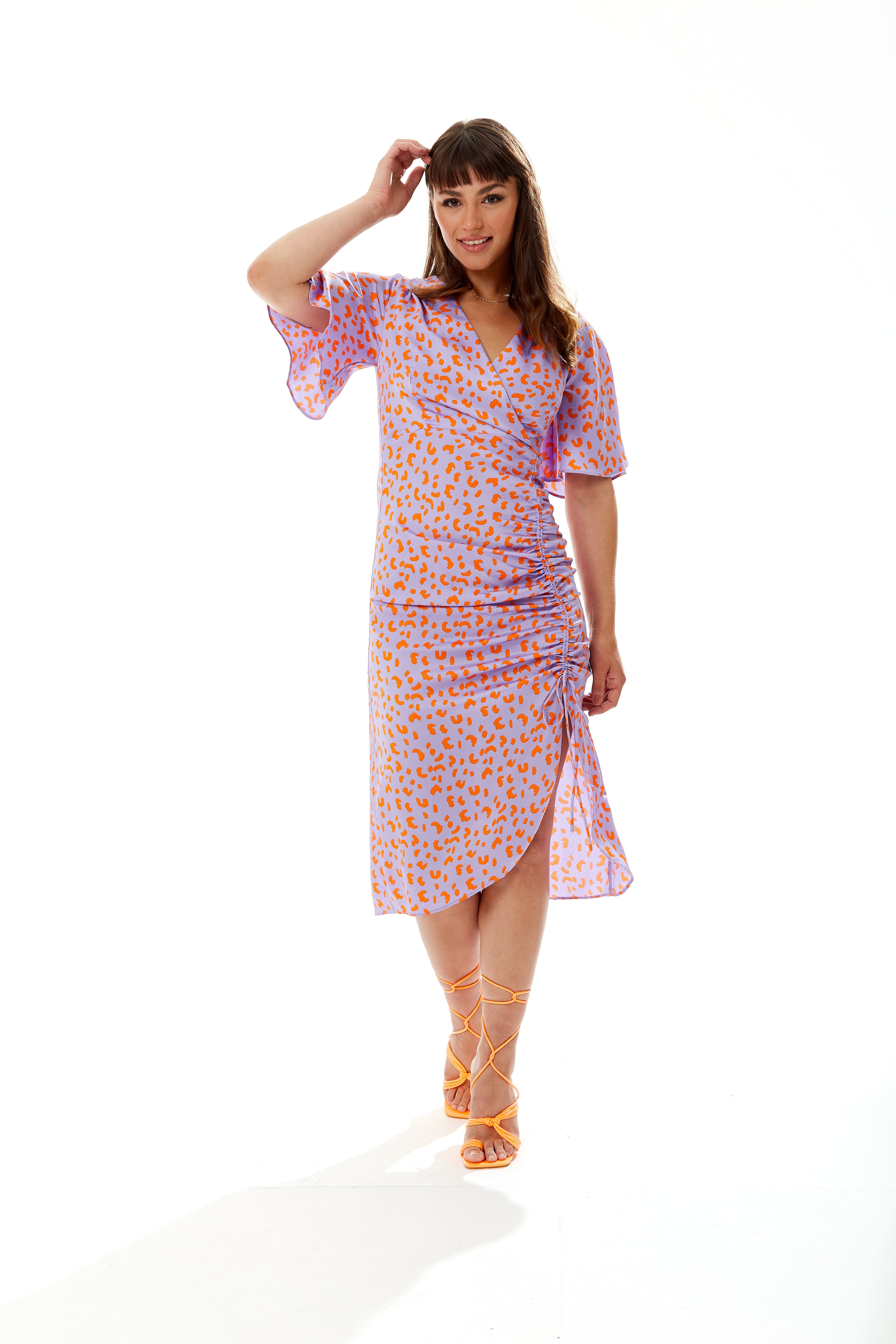 Women's Midi Wrap Dress in Lilac and Orange with Kimono Sleeves - Elegant Cheetah Print Design by Liquorish
