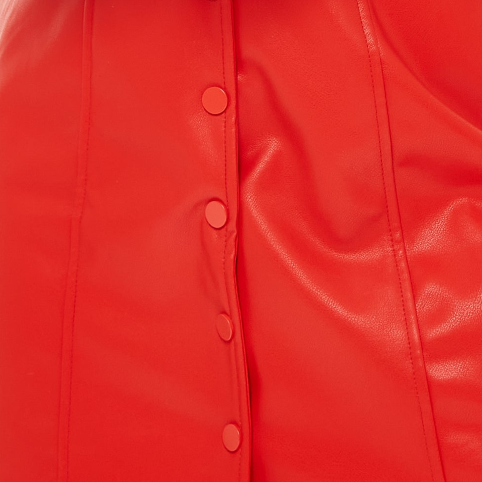 Women's Mini Dress with 3/4 Sleeves, Fitted Waist, Flared Skirt in Red Faux Leather - Liquorish