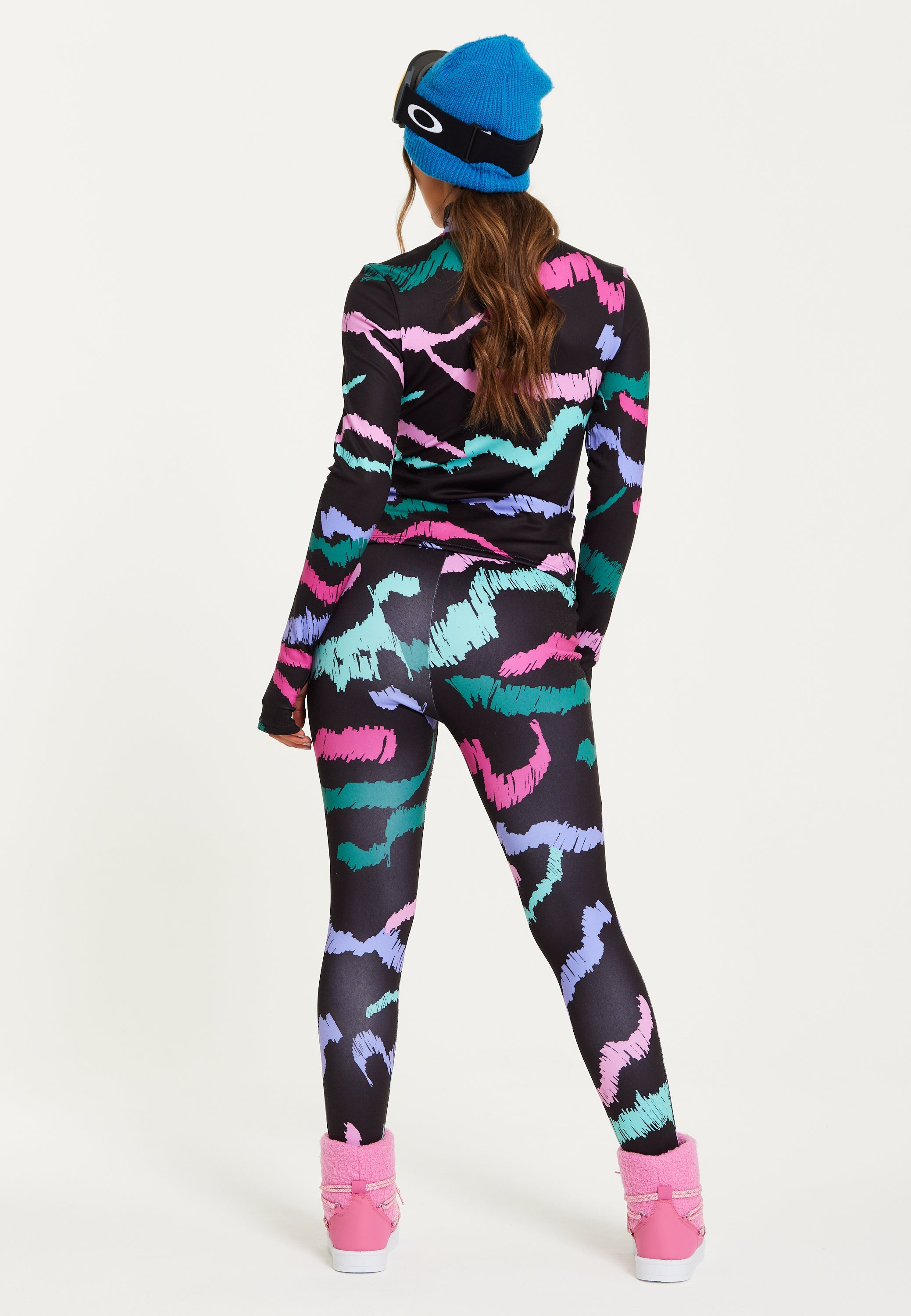 Women's Black Abstract Print Ski Base Layer Top with Zip Fastening and Thumbhole Cuffs for Comfort and Fit