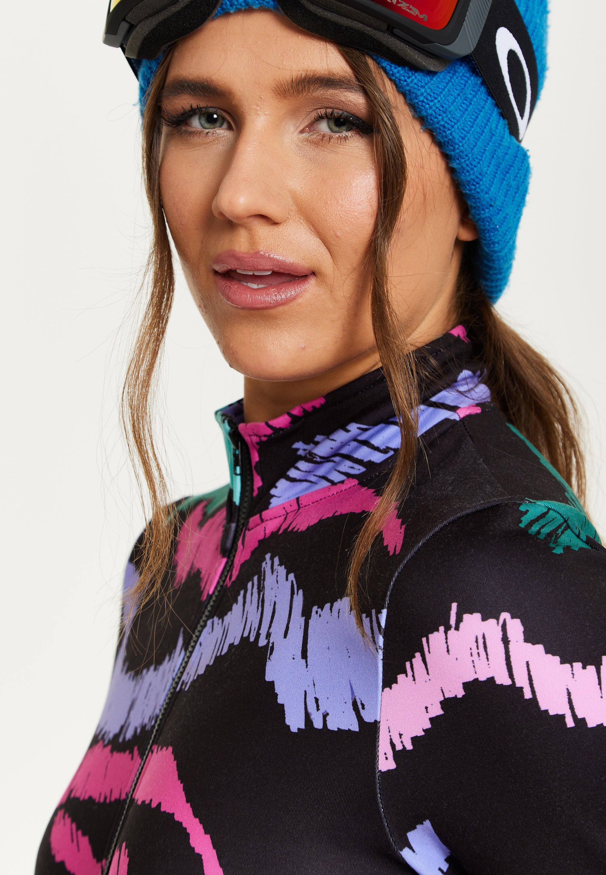 Women's Black Abstract Print Ski Base Layer Top with Zip Fastening and Thumbhole Cuffs for Comfort and Fit