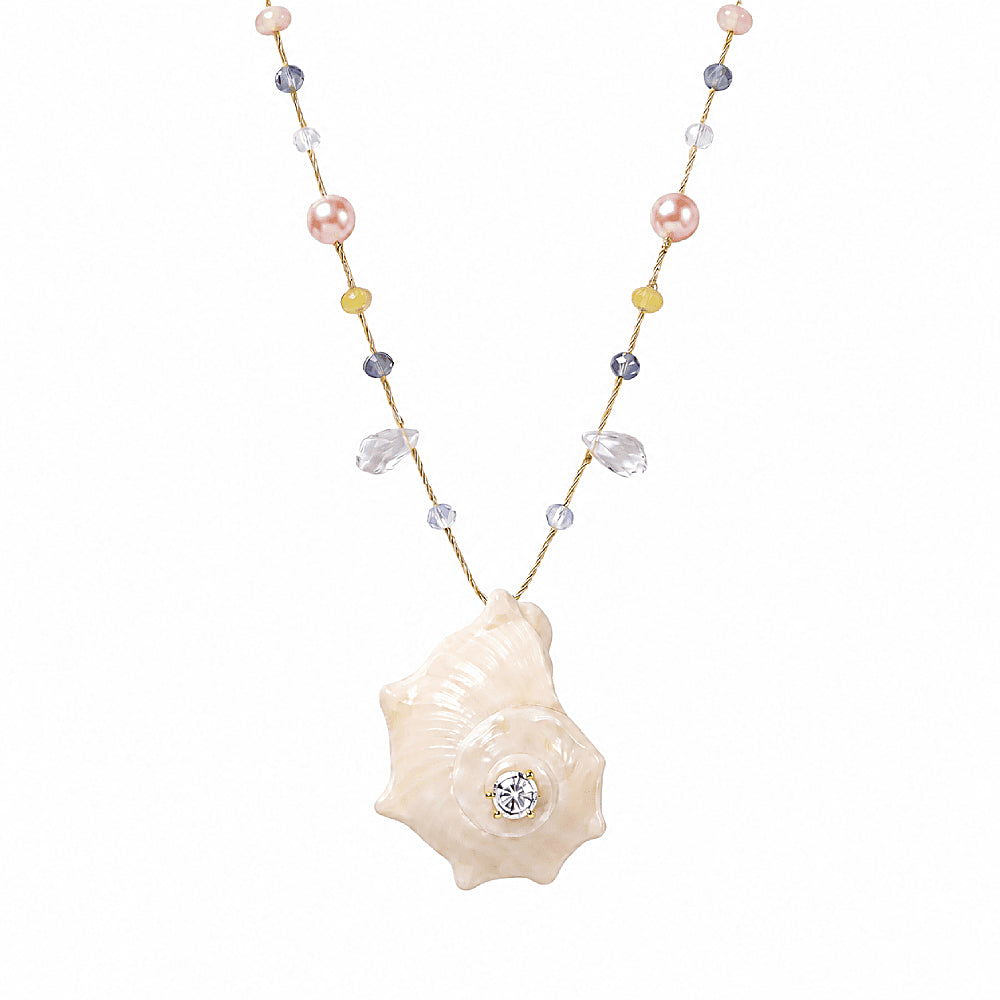Discover the Ocean Song Shell & Pearl Handcrafted Necklace at The Luxe Maison, featuring a luminous shell pendant with a zircon center, freshwater pearls, and colorful Czech glass beads for an elegant, ocean-inspired look.