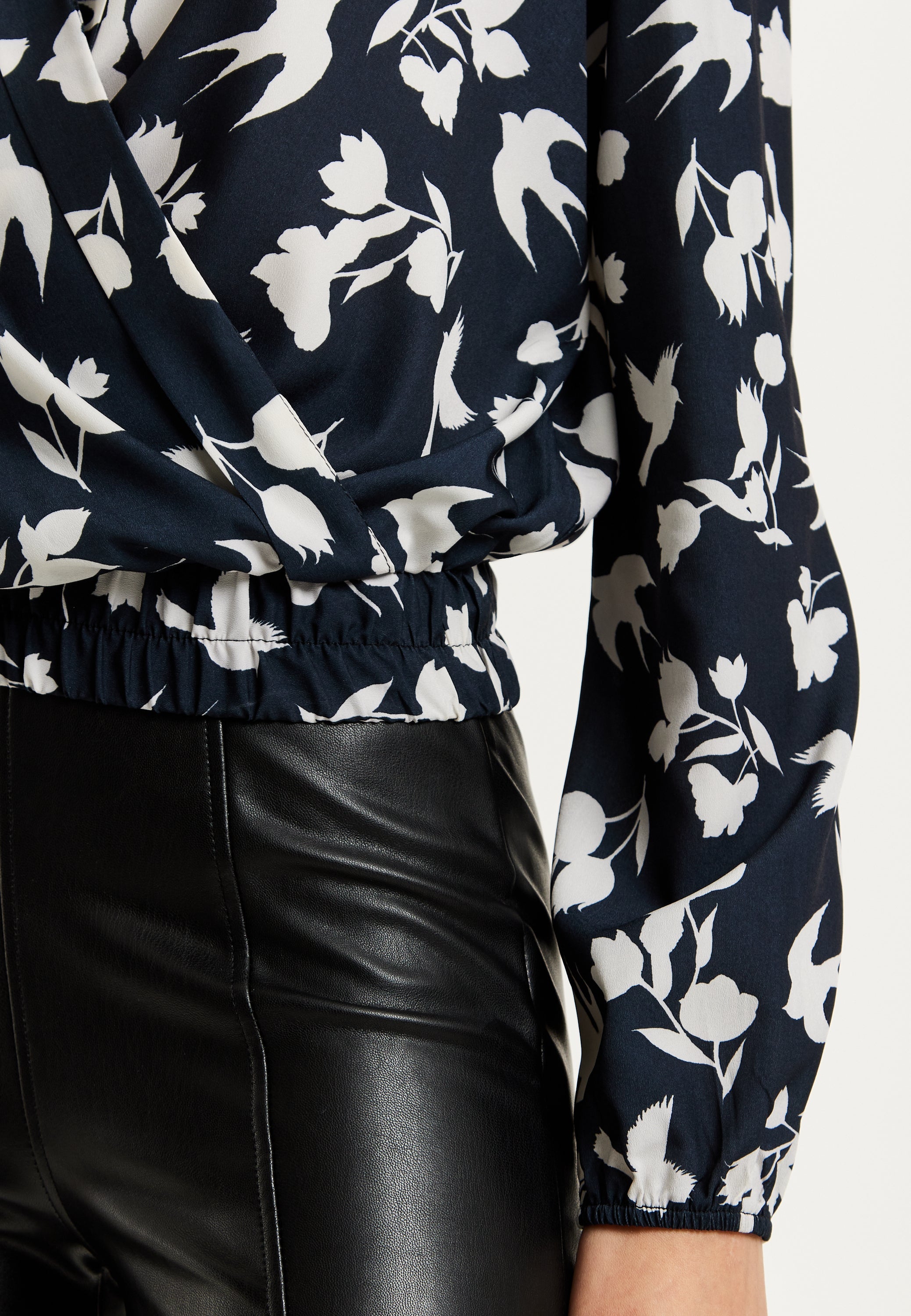 Women's Floral and Bird Print Navy Wrap Top with Long Sleeves, Crossover Front, and Elasticated Waist