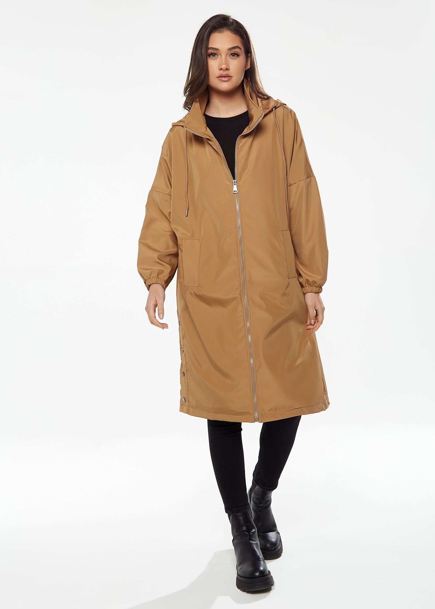 Women's Never Give up Parka in Camel with Eye-catching Embroidery, Oversized Hood, and Functional Design Features