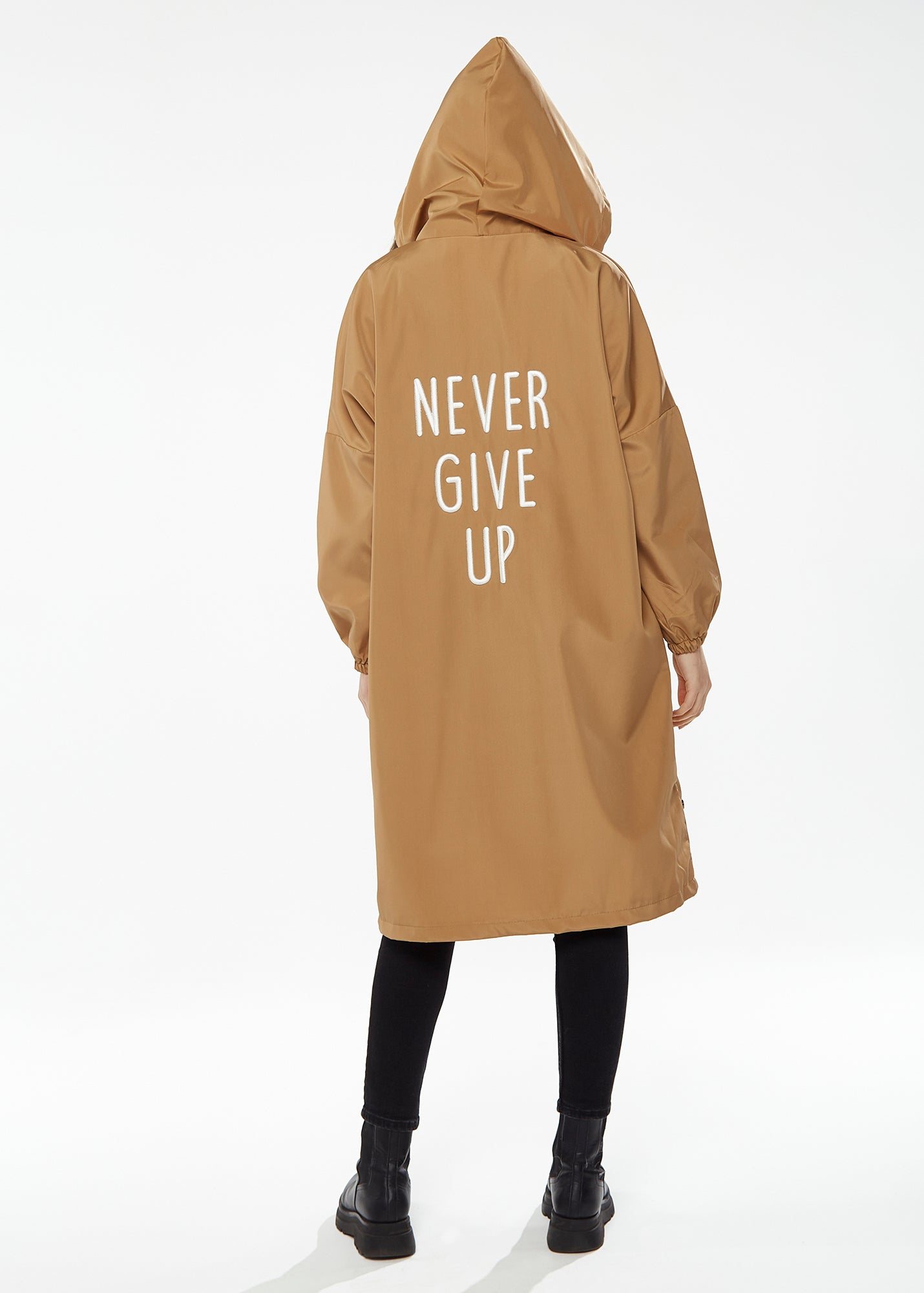 Women's Never Give up Parka in Camel with Eye-catching Embroidery, Oversized Hood, and Functional Design Features
