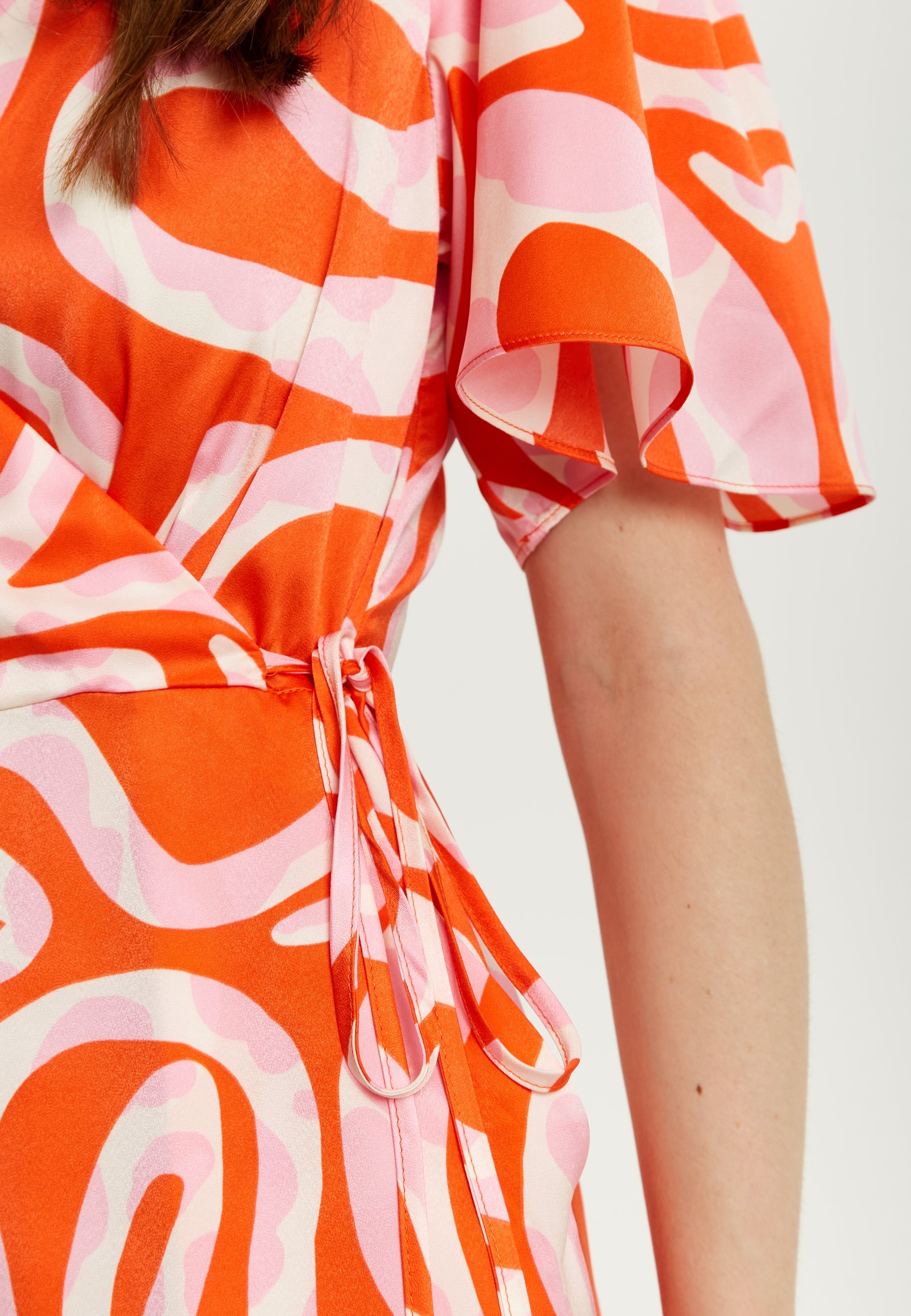 Women's Jumpsuit in Pink and Red with Abstract Print, V Neck, Crossover Front, Short Sleeves, Liquorish