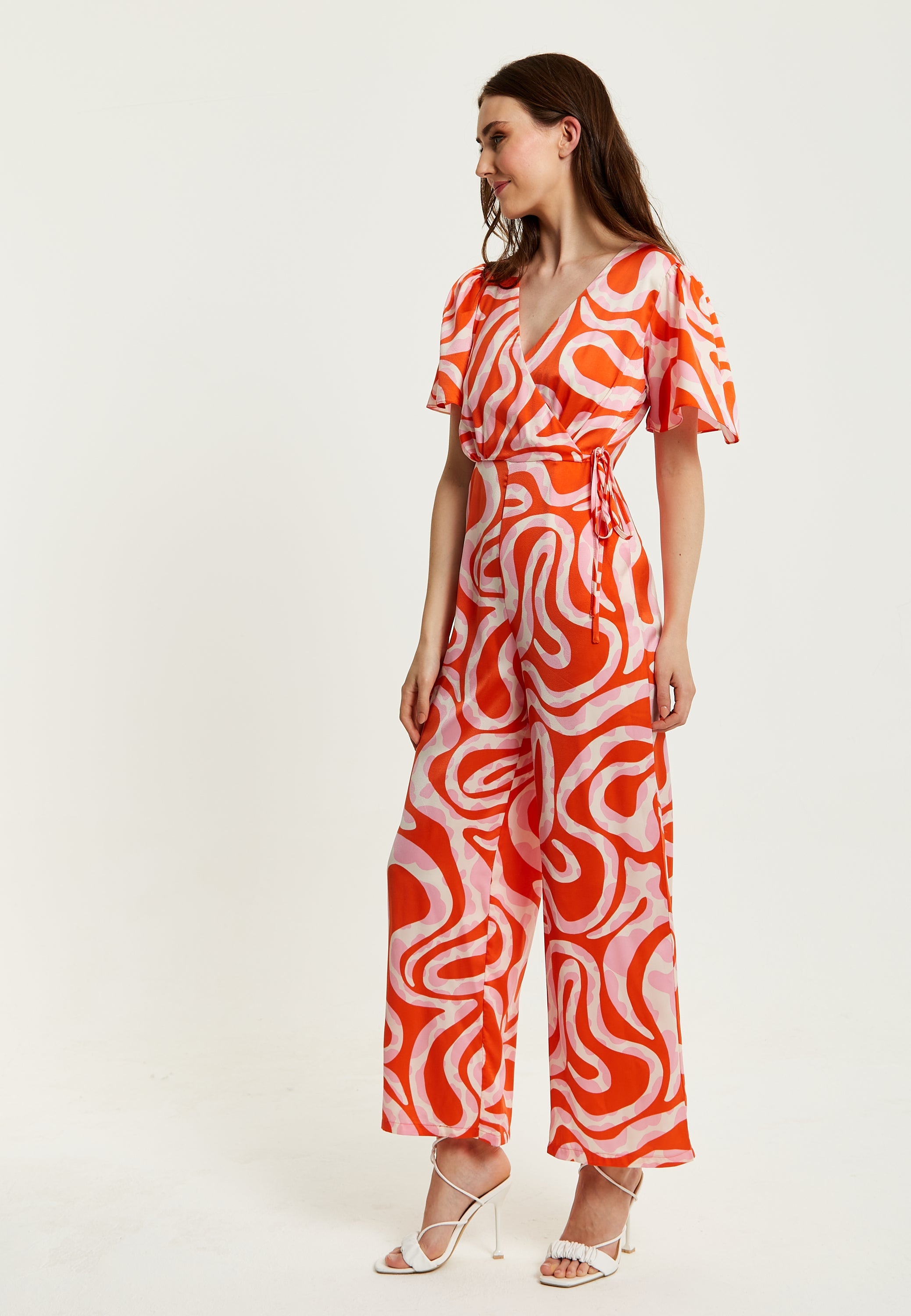 Women's Jumpsuit in Pink and Red with Abstract Print, V Neck, Crossover Front, Short Sleeves, Liquorish