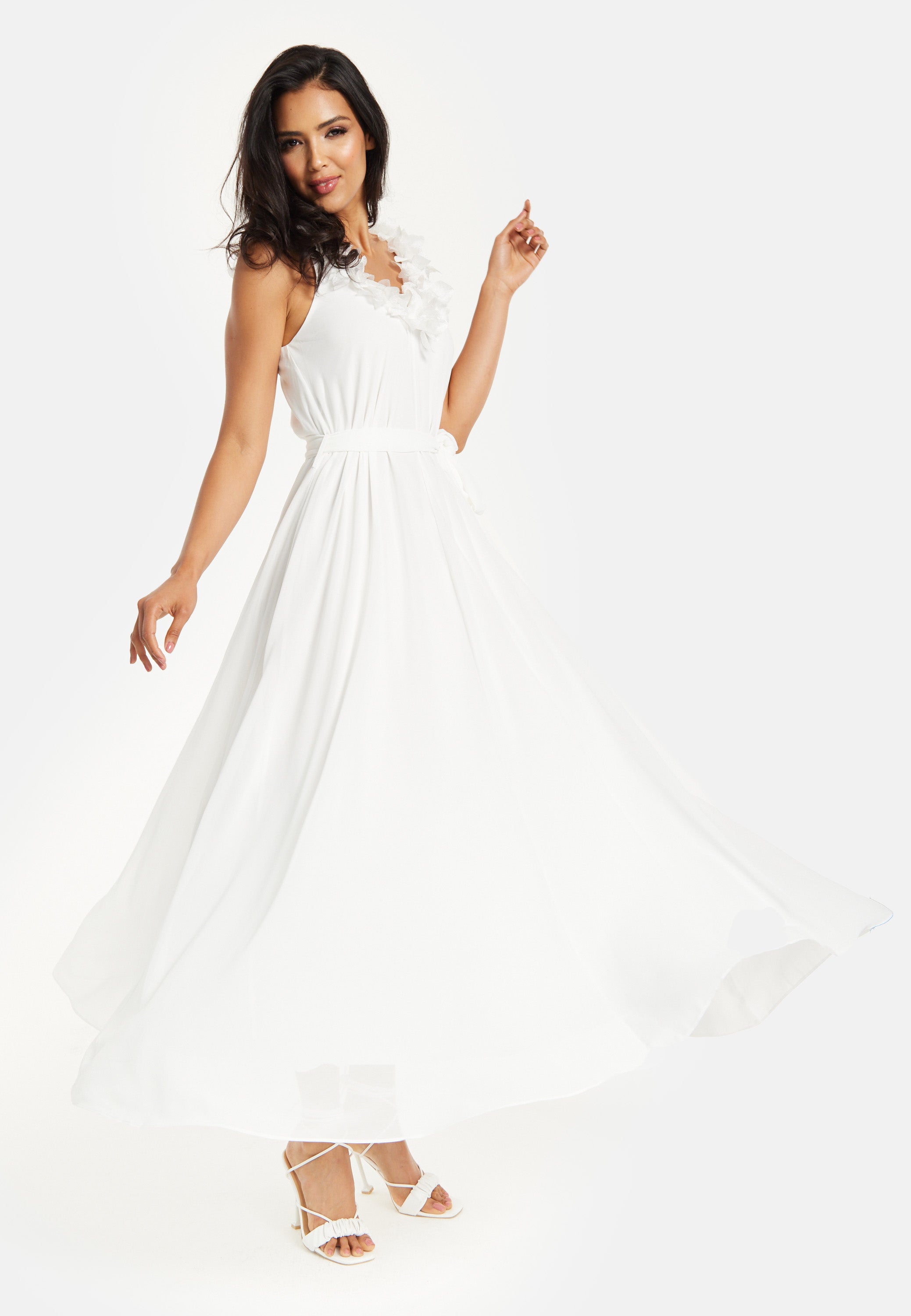 Women's Maxi Dress with Leaf Detail and Tie Waist in Off White - Stylish and Comfortable by Liquorish