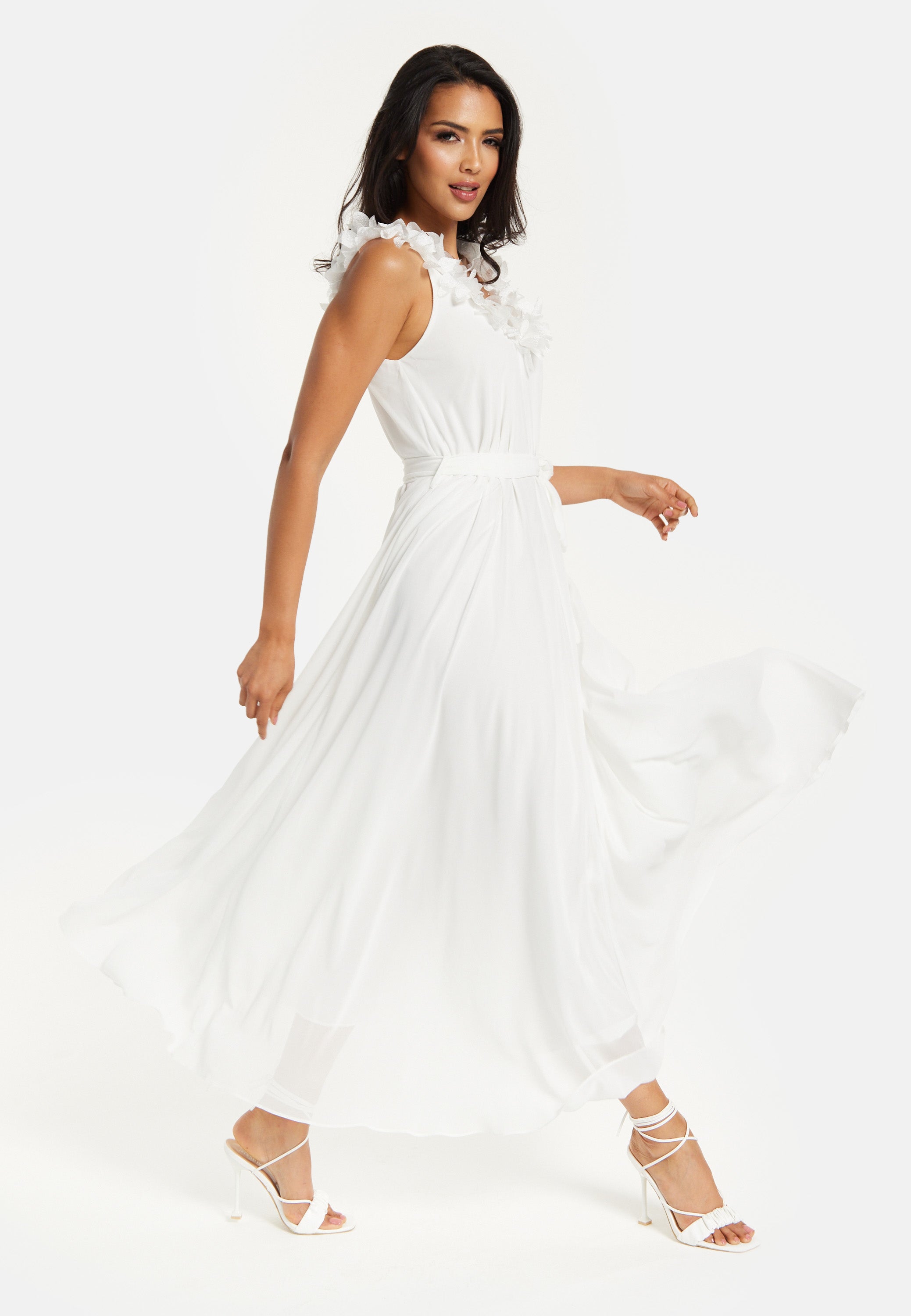 Women's Maxi Dress with Leaf Detail and Tie Waist in Off White - Stylish and Comfortable by Liquorish
