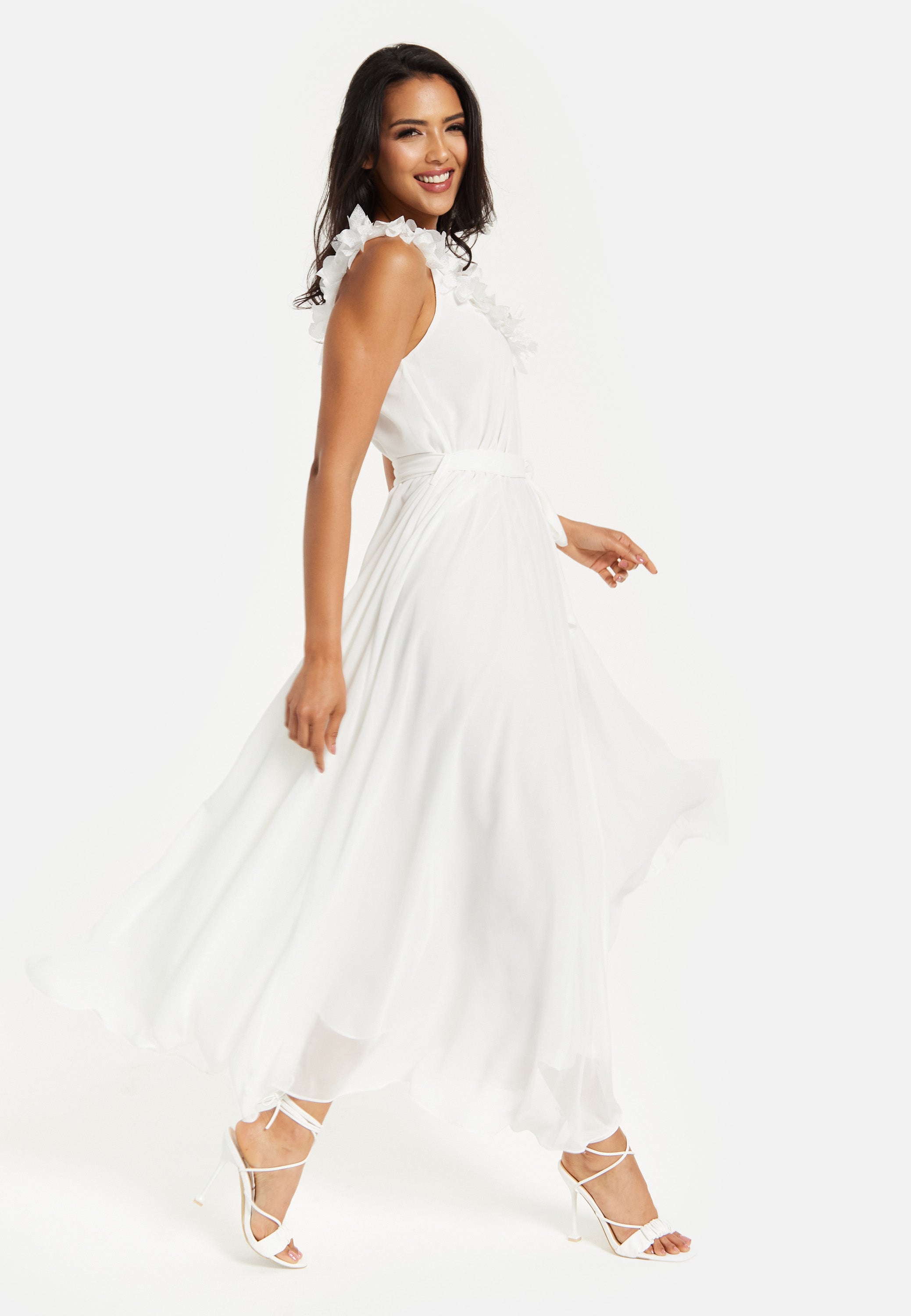 Women's Maxi Dress with Leaf Detail and Tie Waist in Off White - Stylish and Comfortable by Liquorish