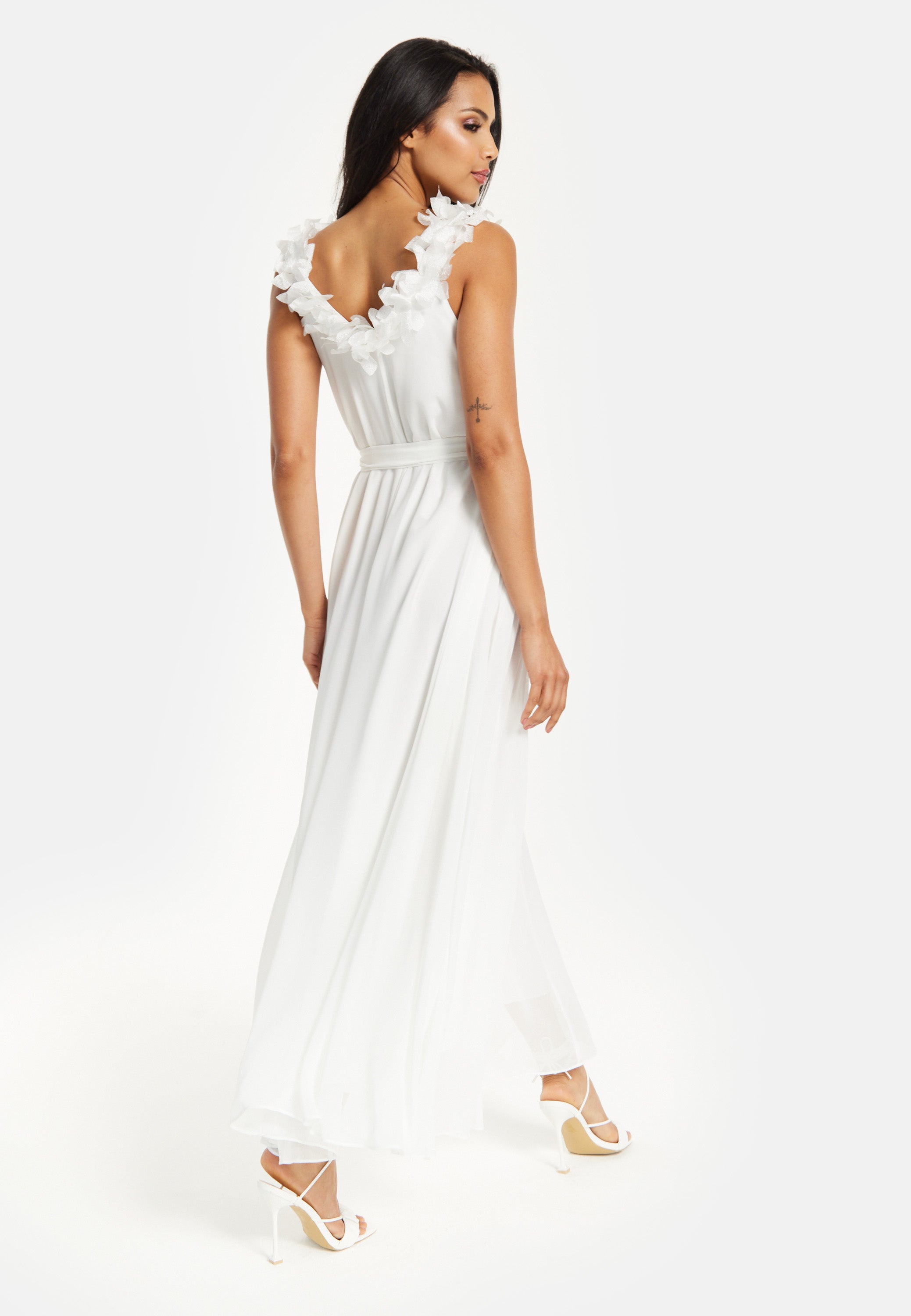 Women's Maxi Dress with Leaf Detail and Tie Waist in Off White - Stylish and Comfortable by Liquorish
