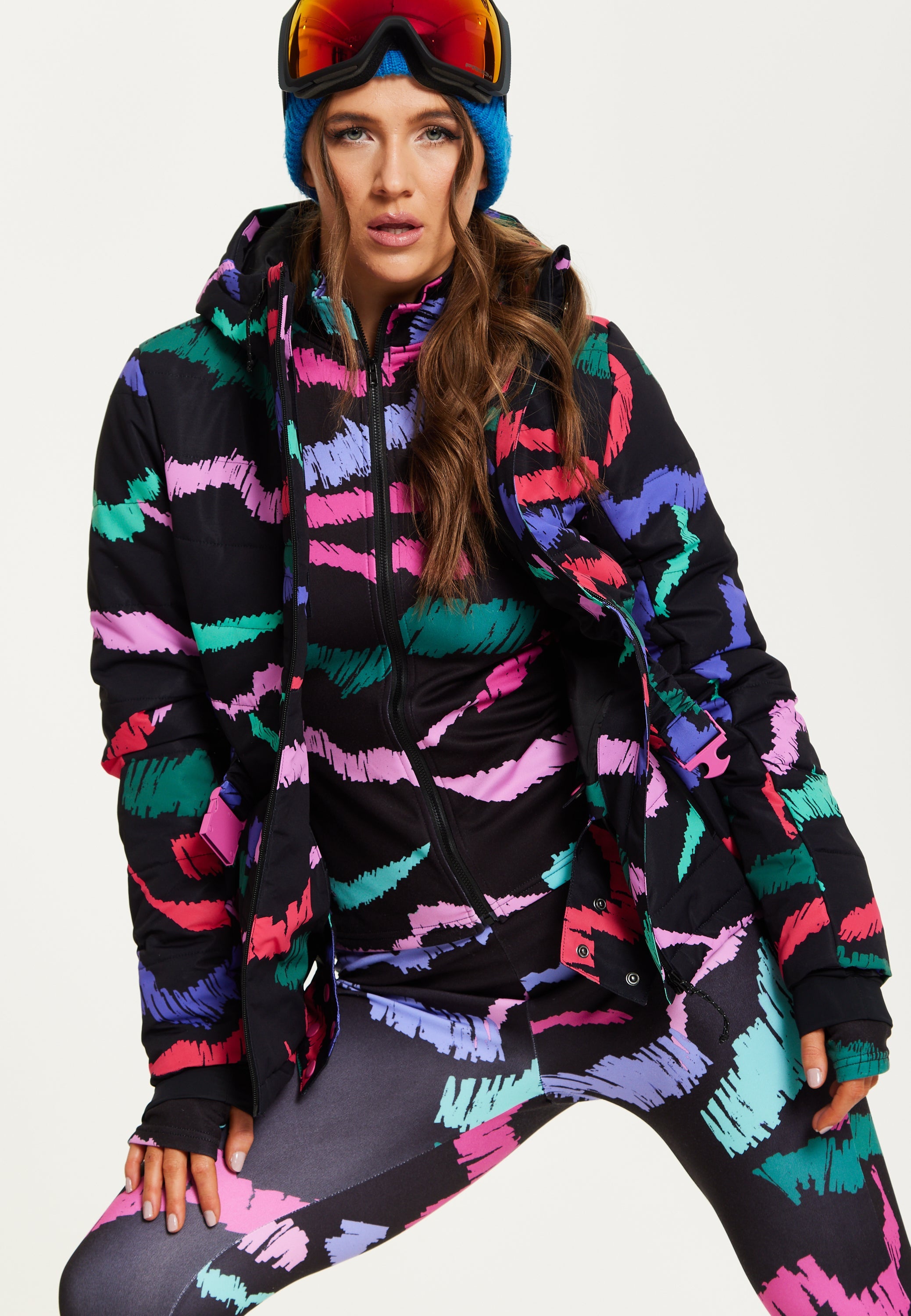 Women’s Jacket in Black Abstract Print with Thumbhole Cuffs and Adjustable Toggle Collar by Liquorish