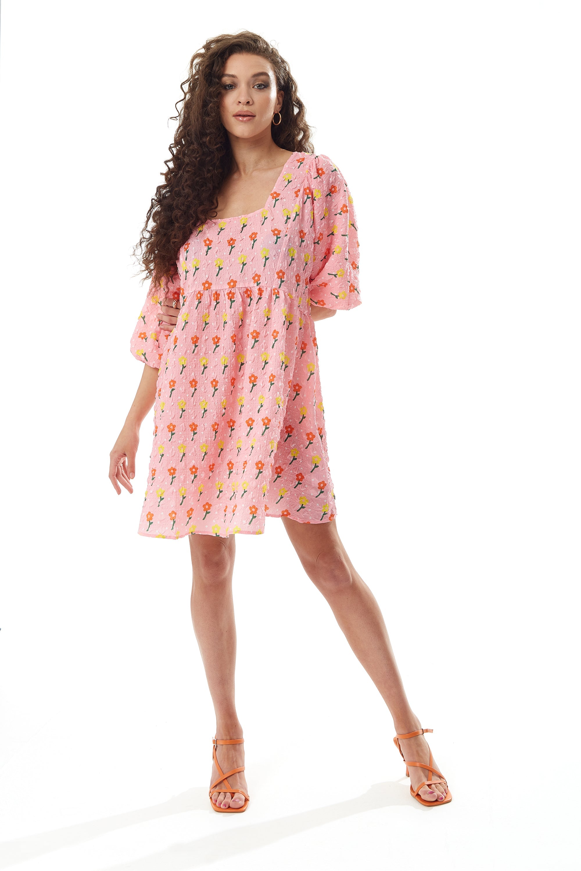 Women's Mini Dress with Short Sleeves in Pink Floral Smock Style - Elegant and Comfortable by Liquorish