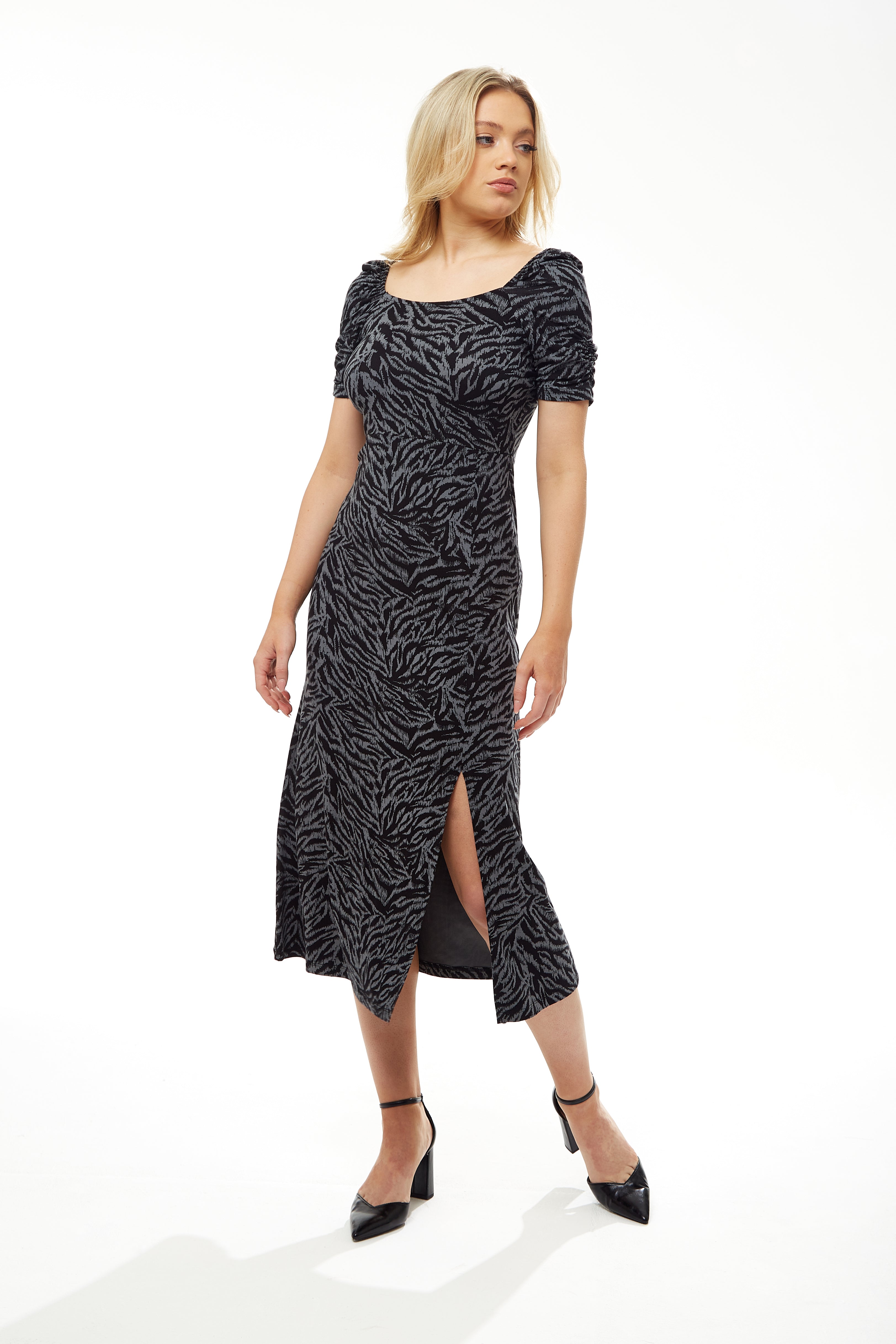 Women's Midi Dress in Black and Grey Zebra Print with Short Sleeves - Liquorish