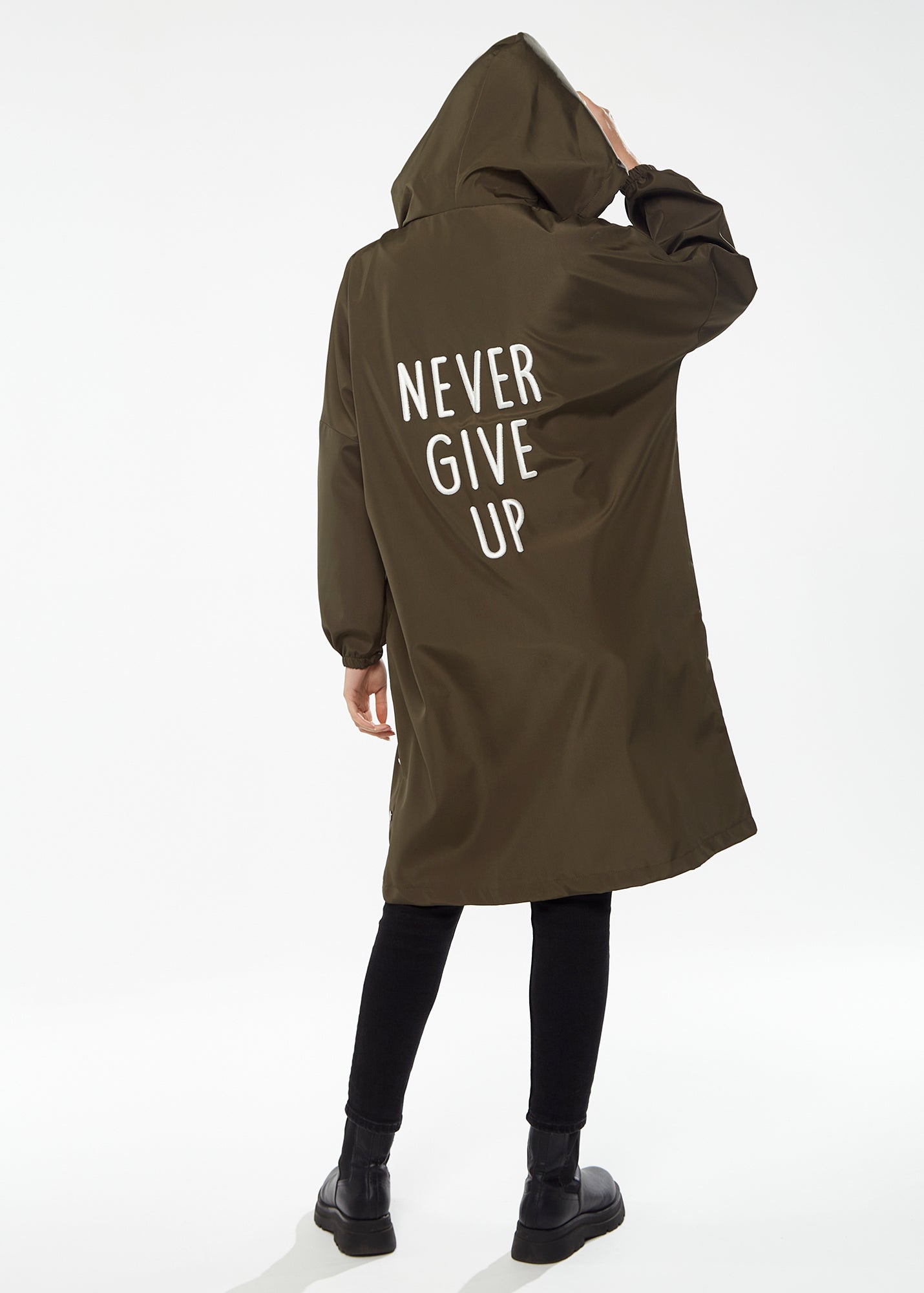 Women's Never Give Up Parka in Khaki with Full-Length Sleeves, Eye-Catching Embroidery, and Practical Side Pockets