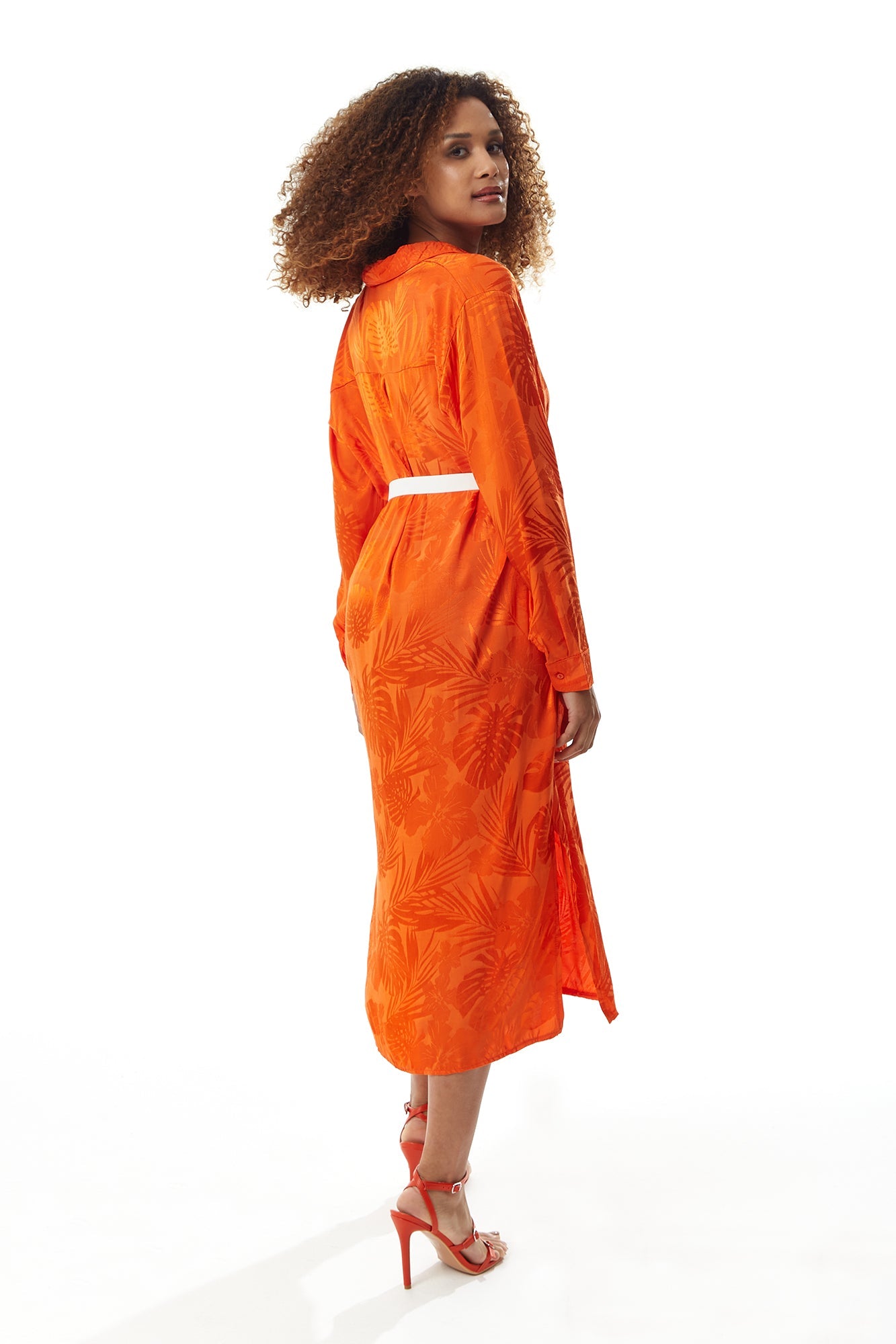 Women's Midi Dress in Coral with Long Sleeves and Belt - Stylish Leaf Print by Liquorish