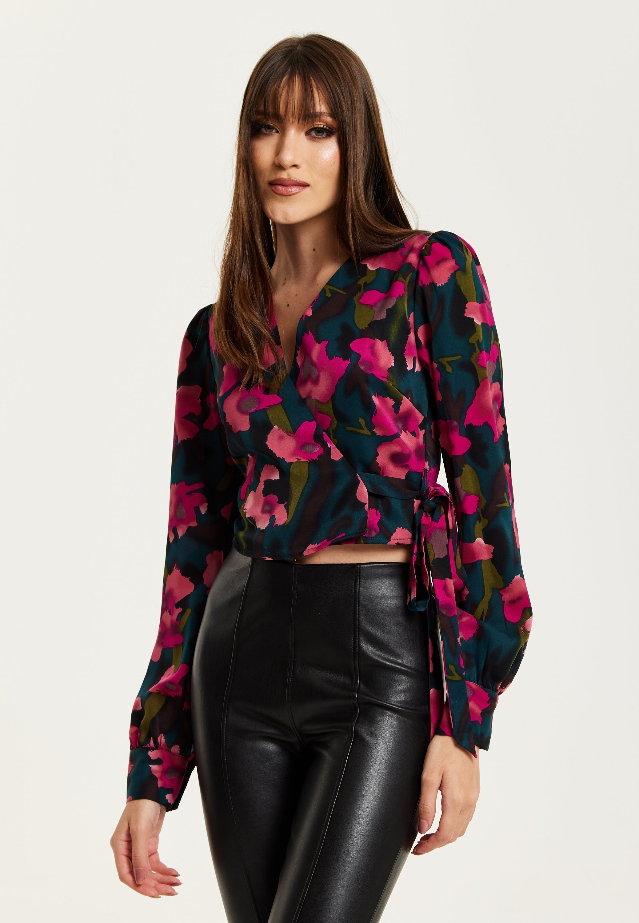 Women's Floral Print Wrap Top in Green and Pink with Long Sleeves, Deep V-Neckline, and Matching Tie Waist