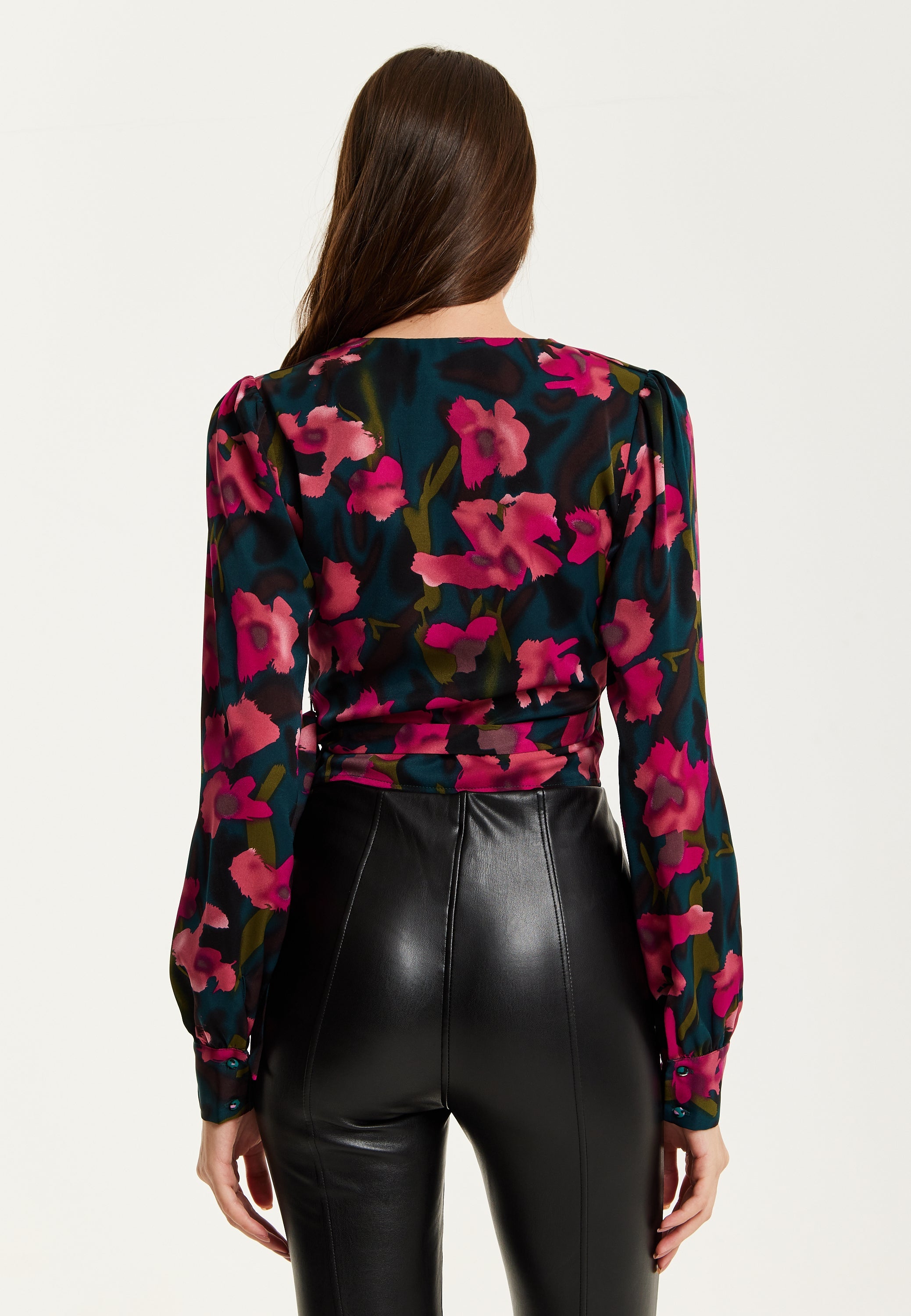 Women's Floral Print Wrap Top in Green and Pink with Long Sleeves, Deep V-Neckline, and Matching Tie Waist