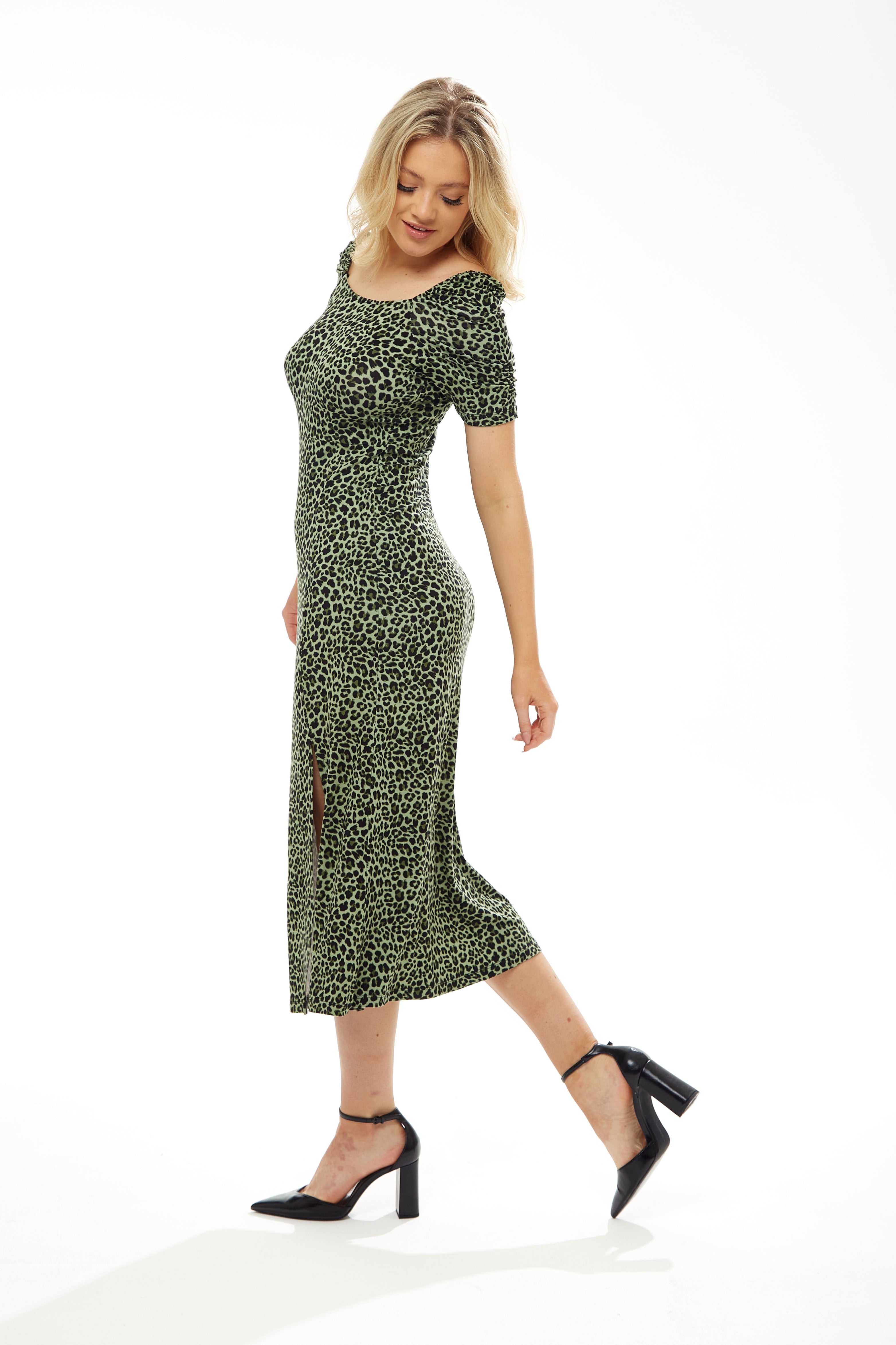 Women's Midi Dress in Khaki Animal Print with Short Sleeves and Front Slit - Liquorish