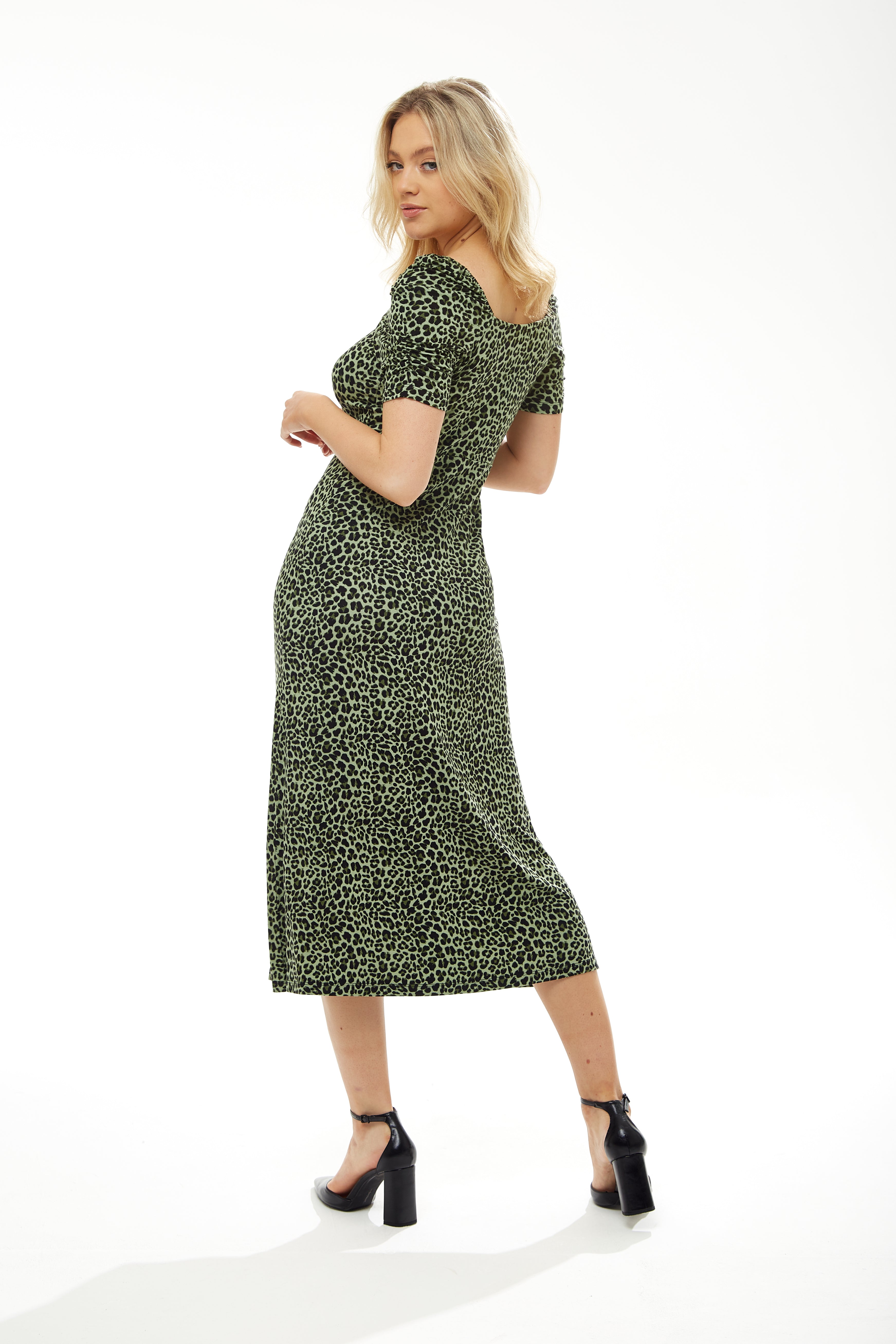 Women's Midi Dress in Khaki Animal Print with Short Sleeves and Front Slit - Liquorish