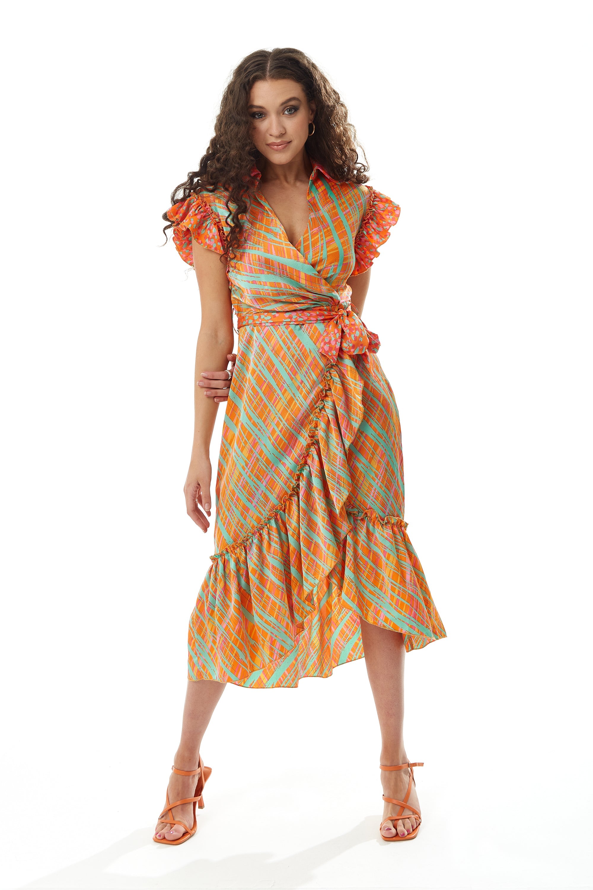 Women's Midi Wrap Dress in Orange Scribble Print with Frill Short Sleeves and Tie Waist - Elegant Wedding Style by Liquorish