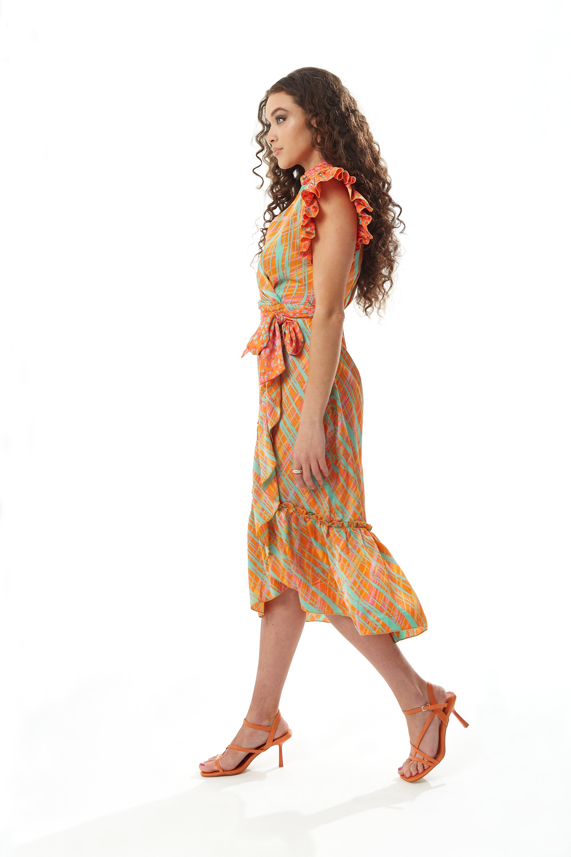 Women's Midi Wrap Dress in Orange Scribble Print with Frill Short Sleeves and Tie Waist - Elegant Wedding Style by Liquorish