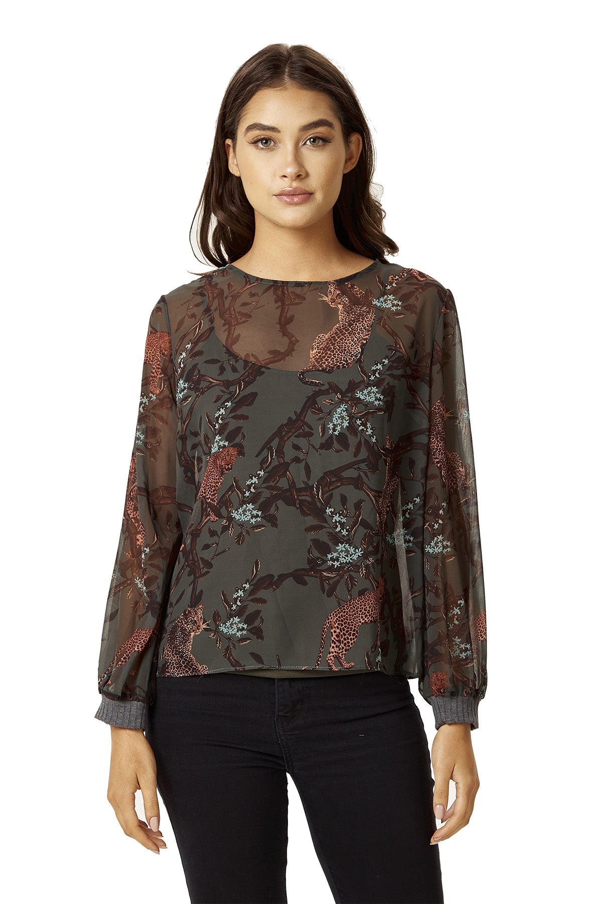 Women's Long Sleeve Khaki Leopard Print Top with Regular Fit and Vest Layering