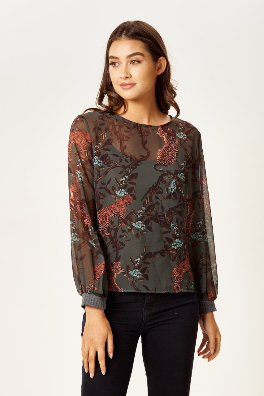 Women's Long Sleeve Khaki Leopard Print Top with Regular Fit and Vest Layering