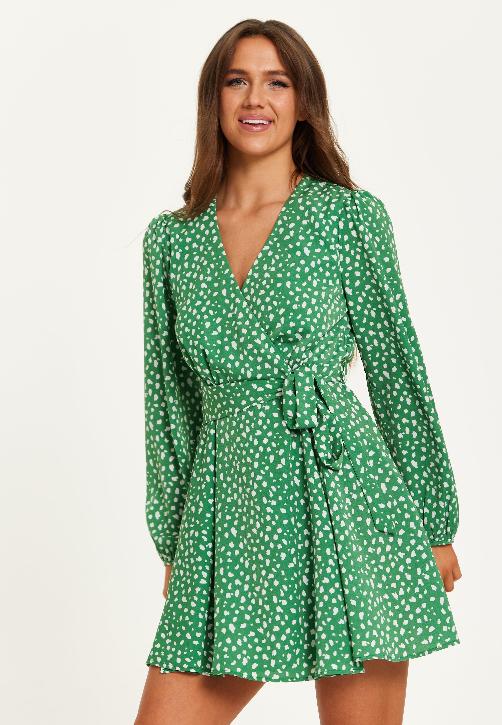 Women's Mini Dress in Green with Long Sleeves, Animal Print Wrap Style - Chic and Flattering by Liquorish