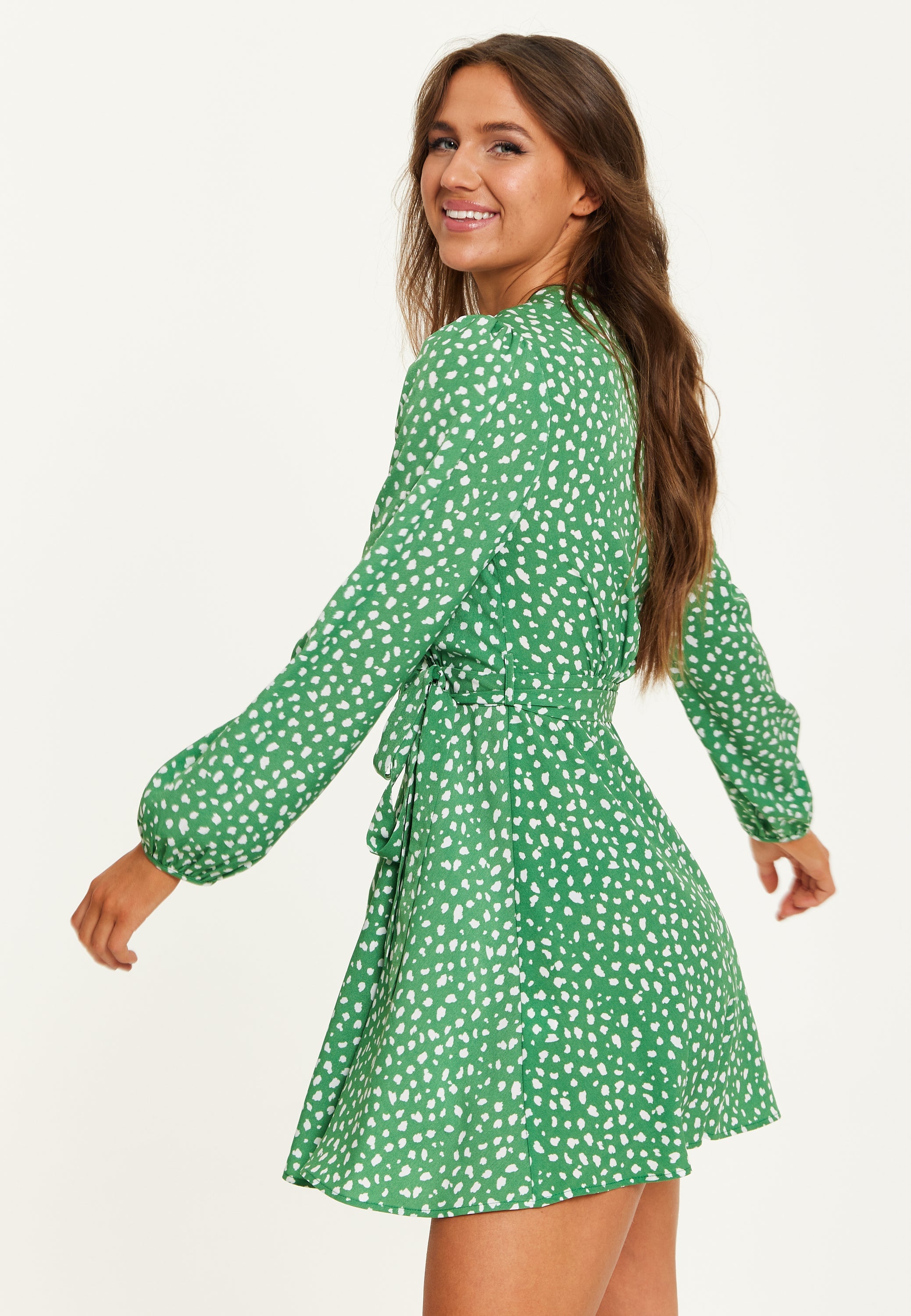 Women's Mini Dress in Green with Long Sleeves, Animal Print Wrap Style - Chic and Flattering by Liquorish