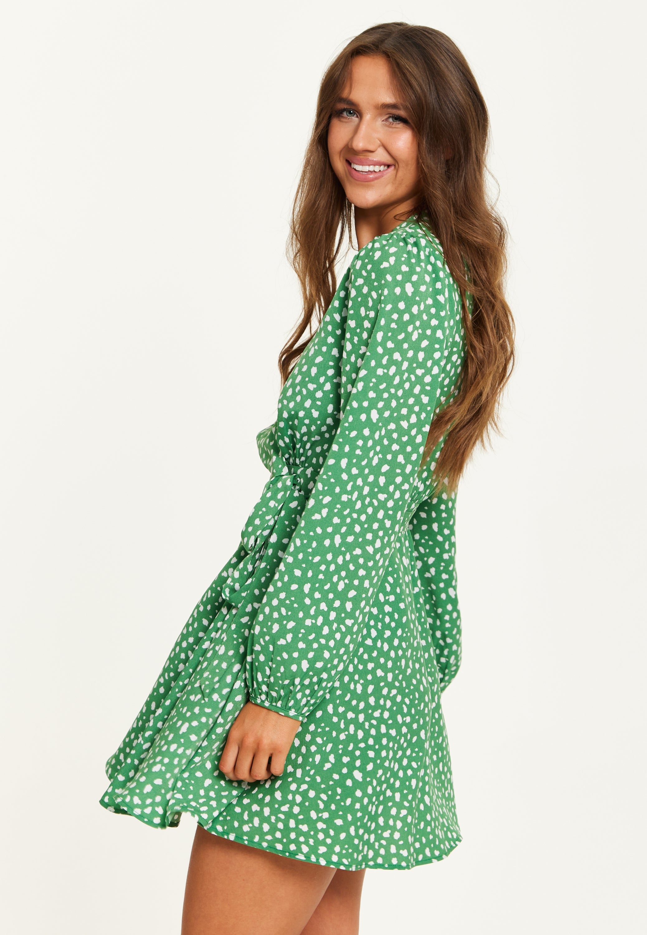 Women's Mini Dress in Green with Long Sleeves, Animal Print Wrap Style - Chic and Flattering by Liquorish