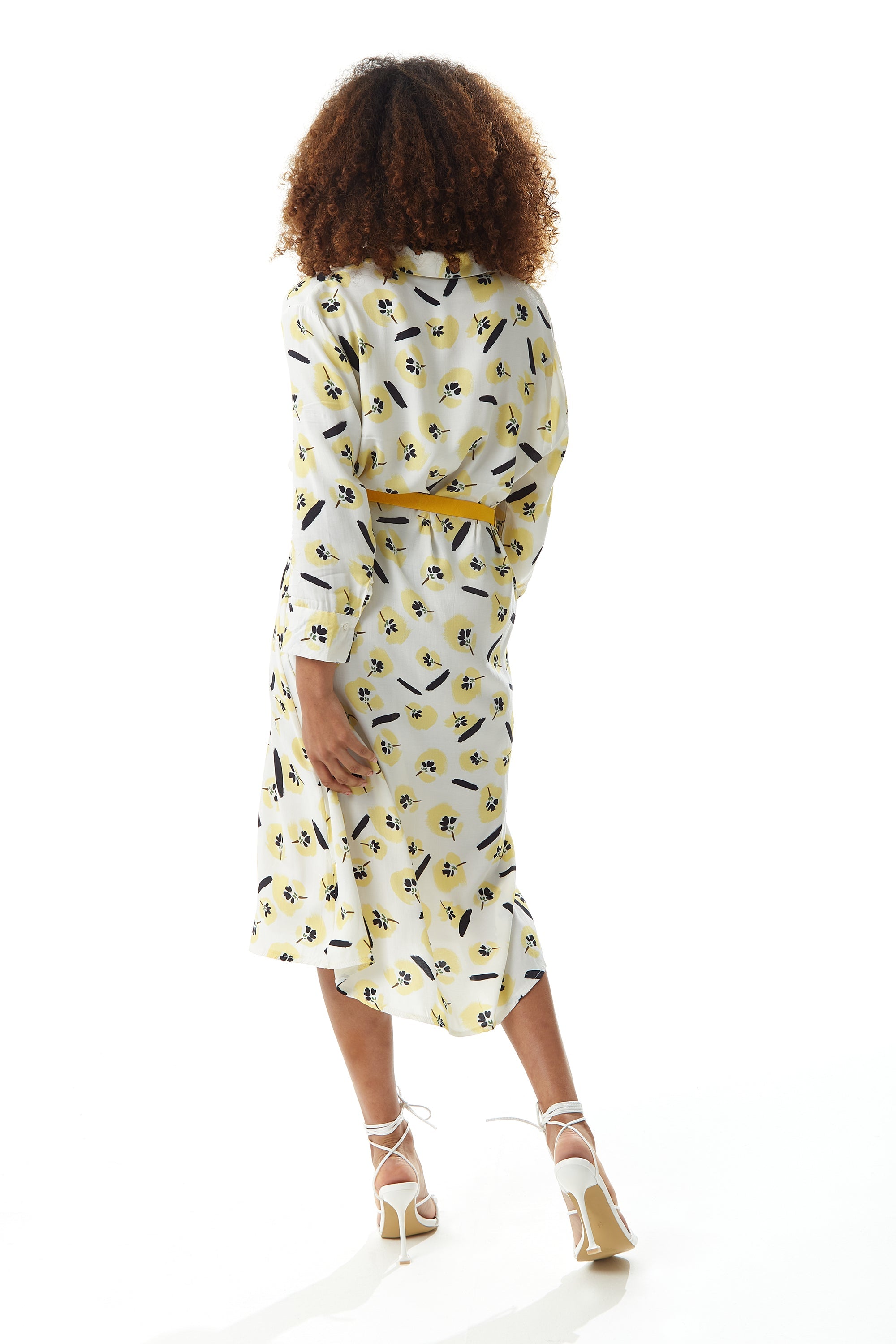 Women's Midi Dress with Long Sleeves in White and Yellow Floral Print, Perfect for Spring - Liquorish