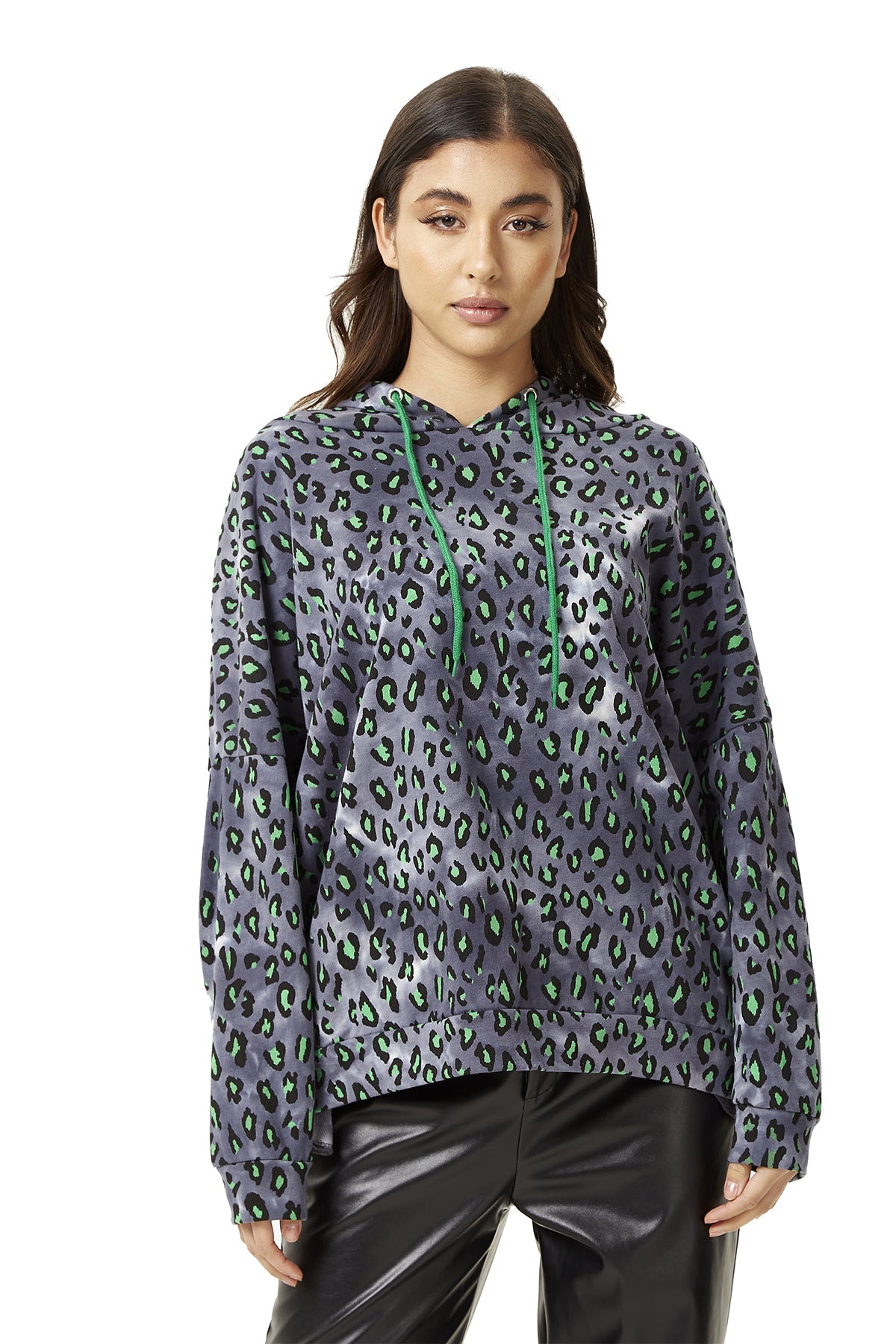 Women's Green Animal Print Hoodie Sweatshirt in Grey with Long Sleeves, Drop Shoulders, and Relaxed Fit