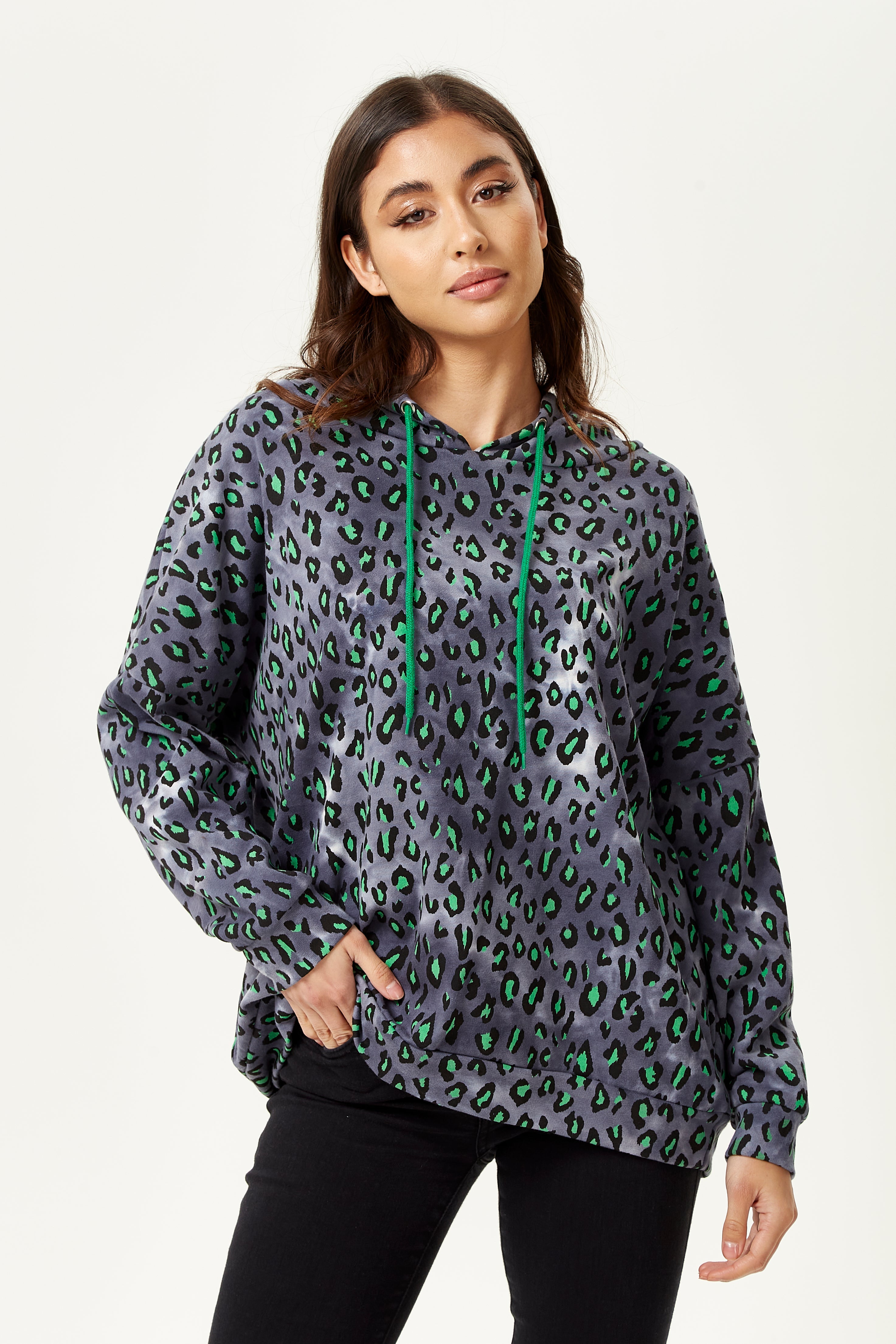 Women's Green Animal Print Hoodie Sweatshirt in Grey with Long Sleeves, Drop Shoulders, and Relaxed Fit