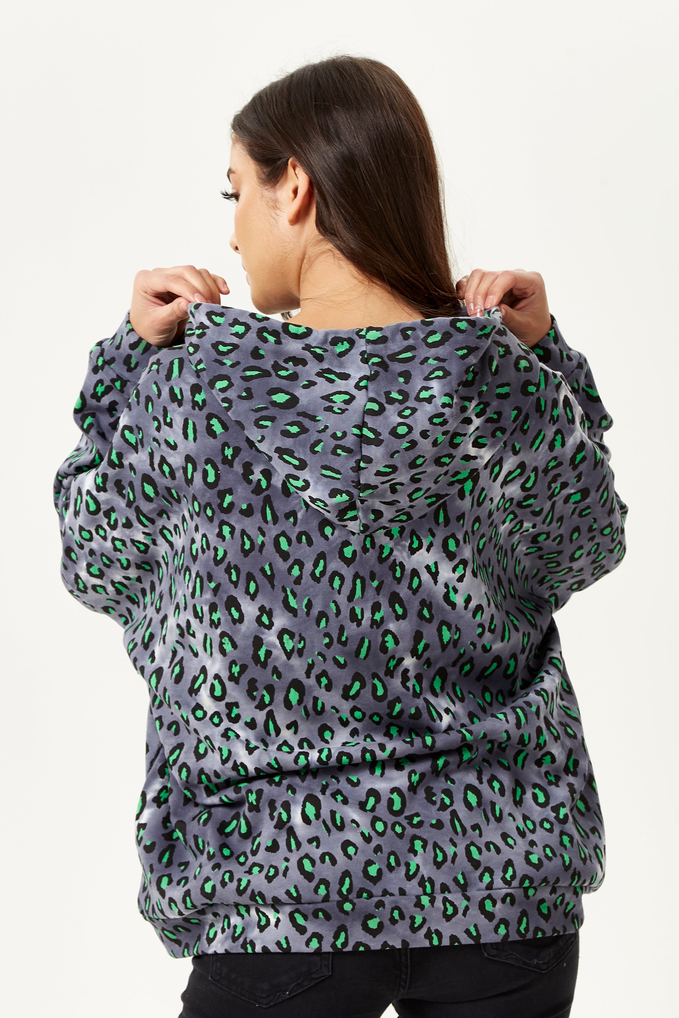 Women's Green Animal Print Hoodie Sweatshirt in Grey with Long Sleeves, Drop Shoulders, and Relaxed Fit