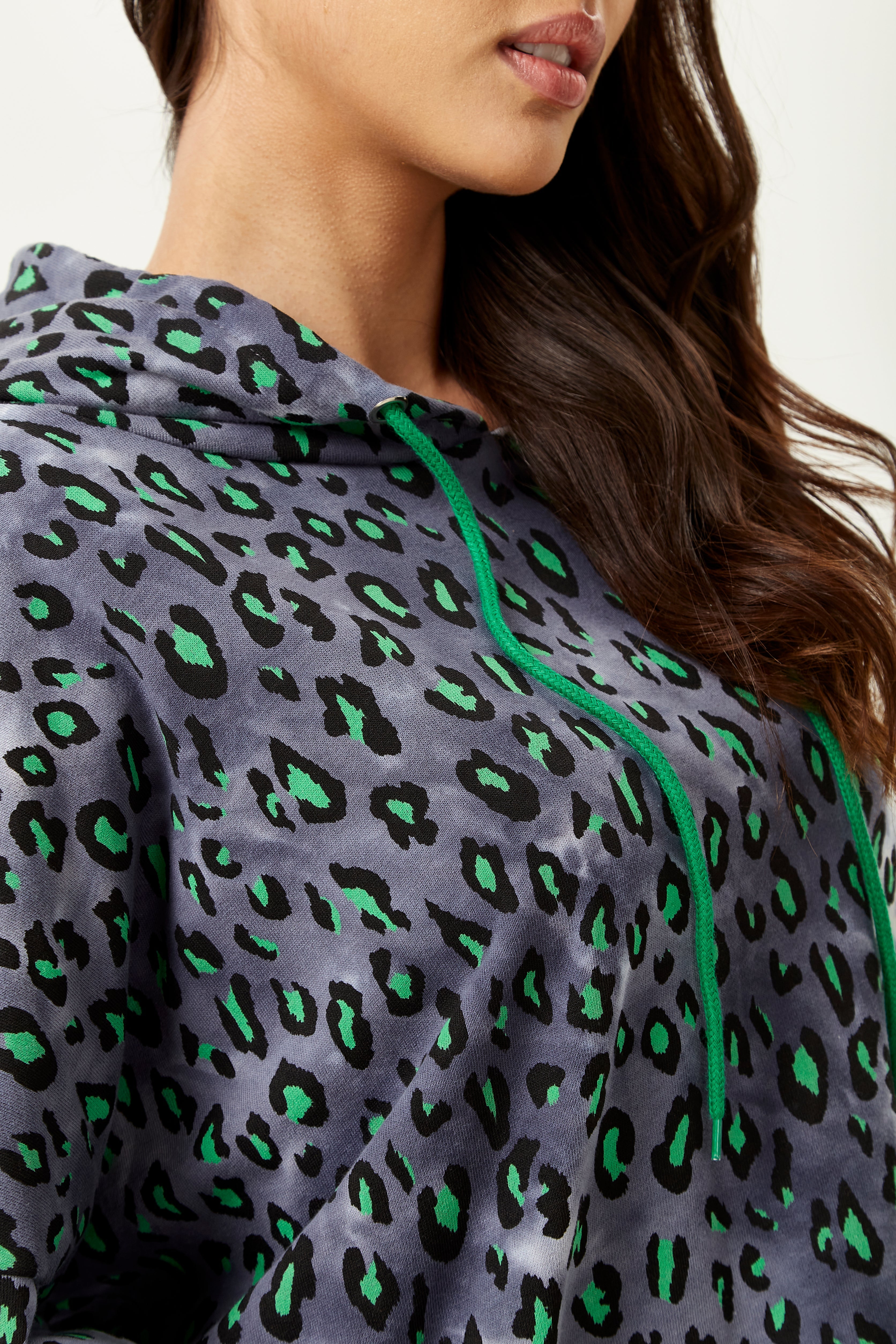 Women's Green Animal Print Hoodie Sweatshirt in Grey with Long Sleeves, Drop Shoulders, and Relaxed Fit