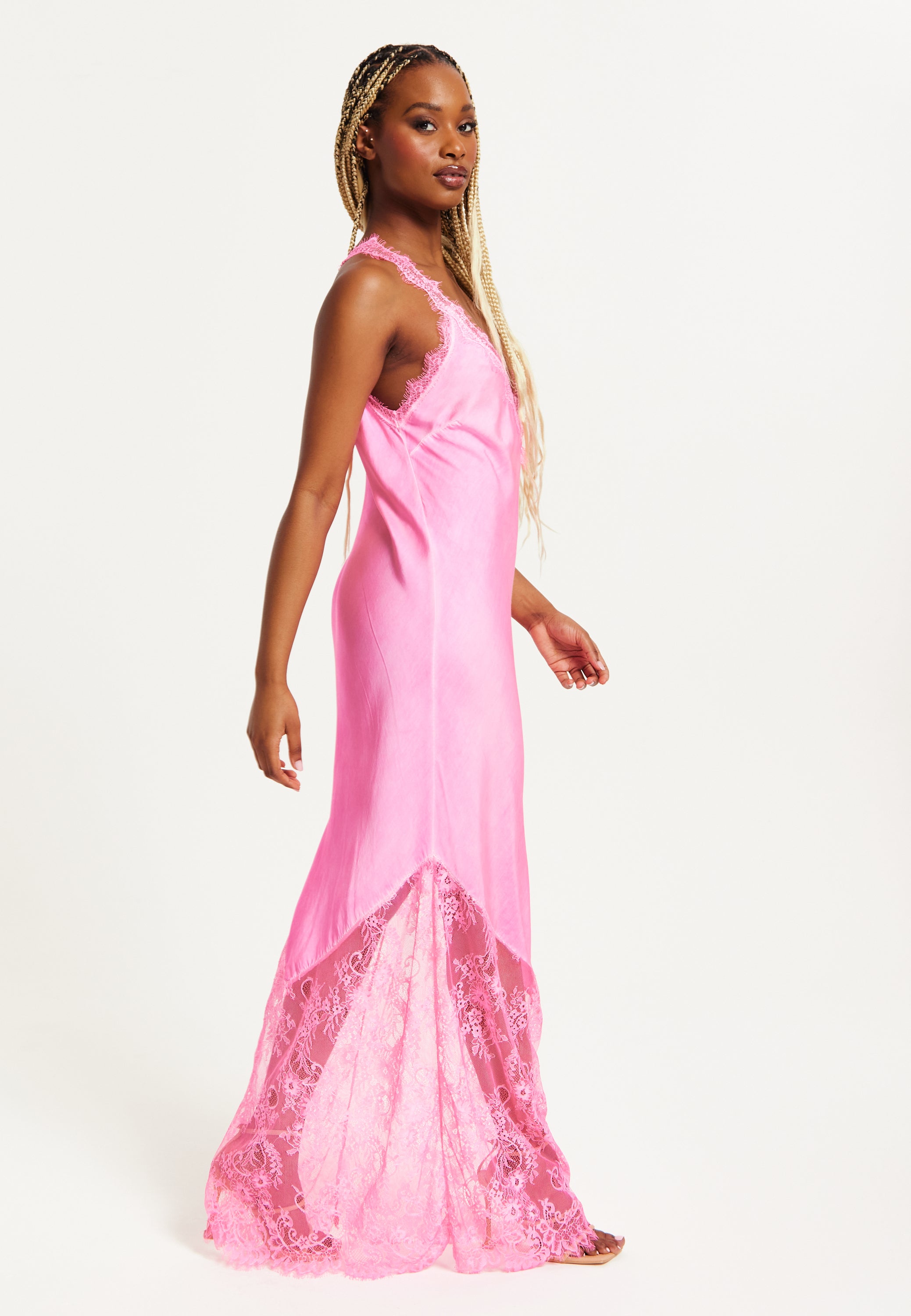 Women's Maxi Dress in Pink, Lace Detailed V-Neck, Sleeveless Design, Effortless Elegance by Liquorish