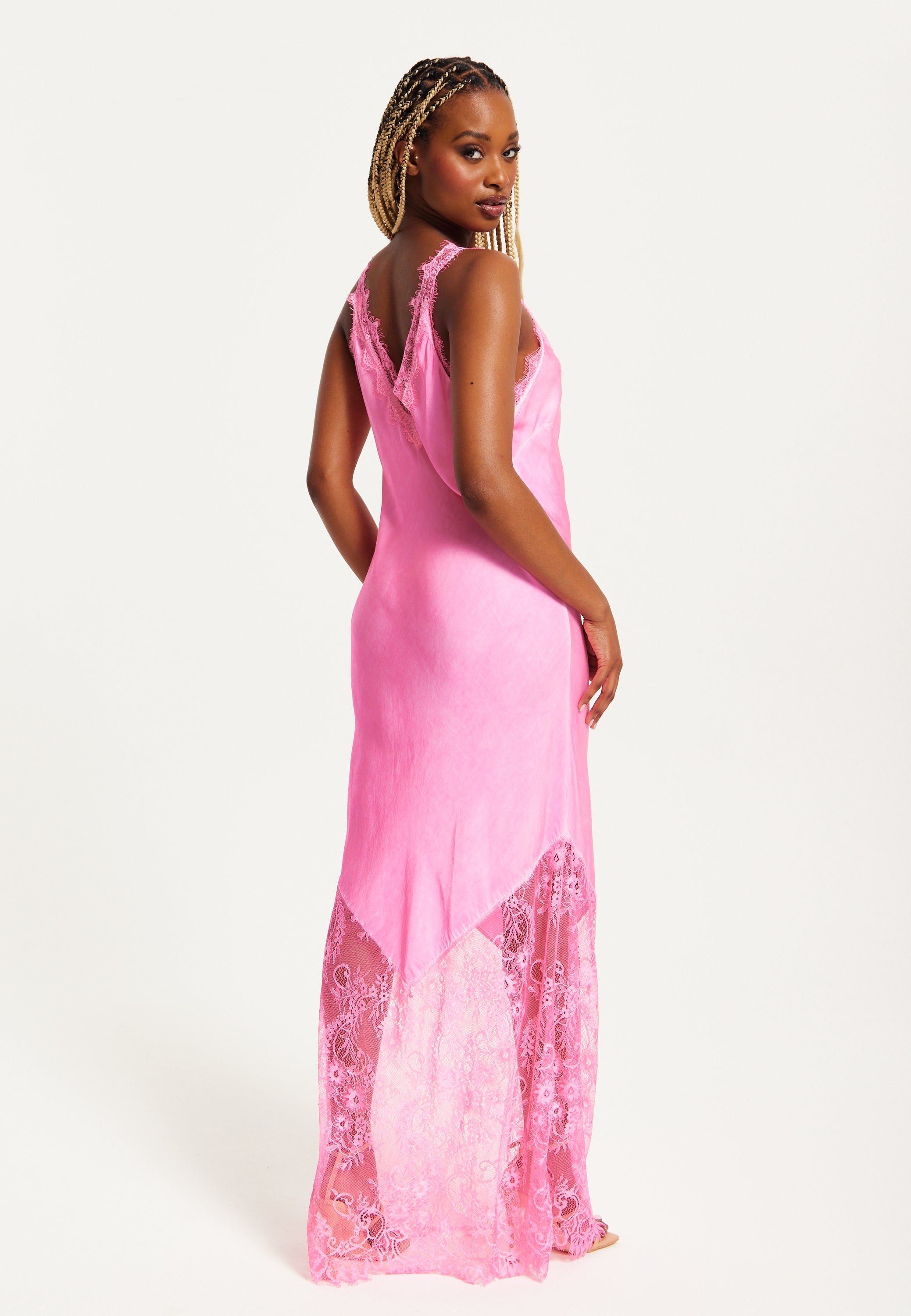 Women's Maxi Dress in Pink, Lace Detailed V-Neck, Sleeveless Design, Effortless Elegance by Liquorish