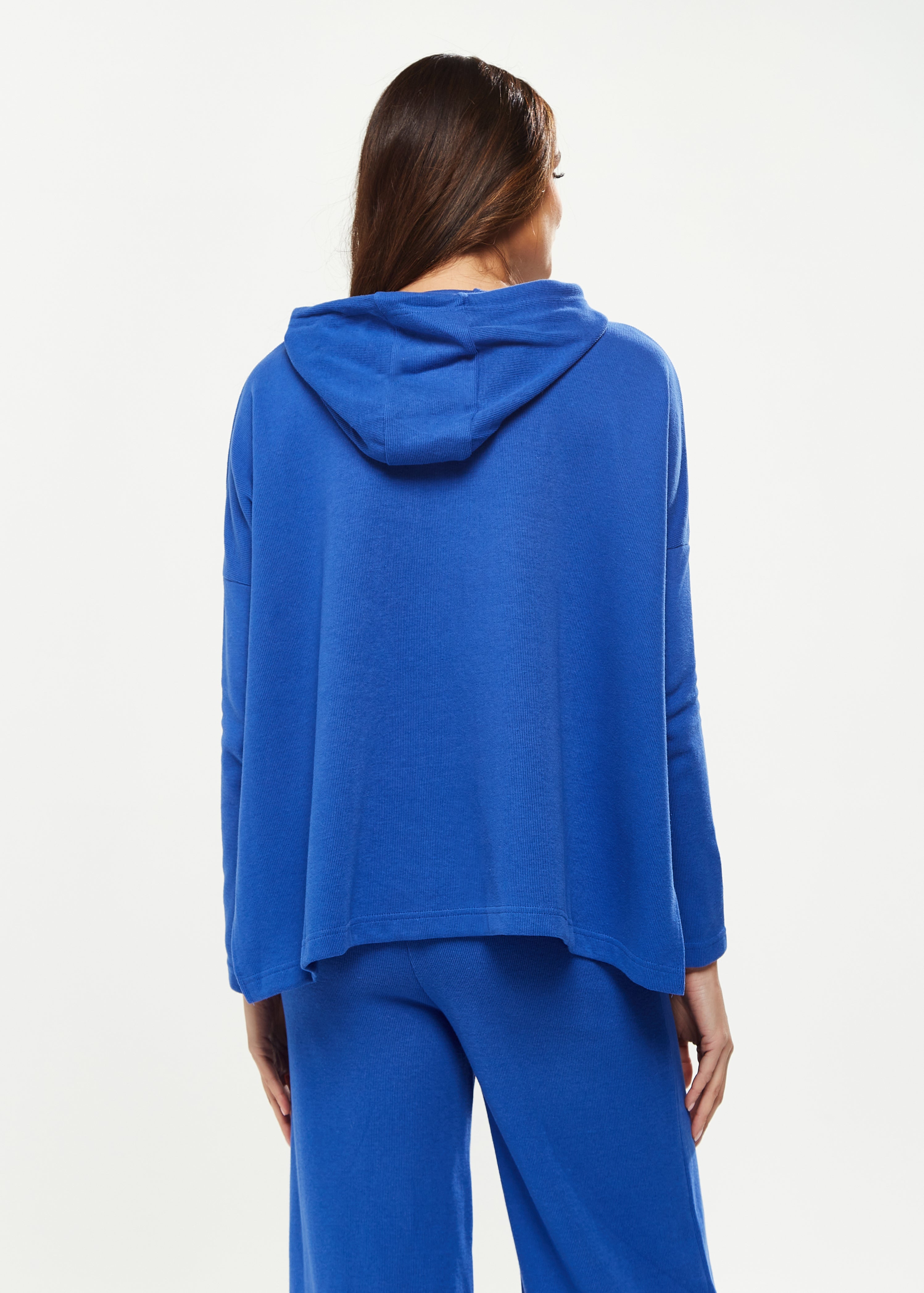 Women's Hooded Sweatshirt with Front Pocket in Blue - Oversized Fit, Drawstring Hood, Side Slits, Kangaroo Pocket