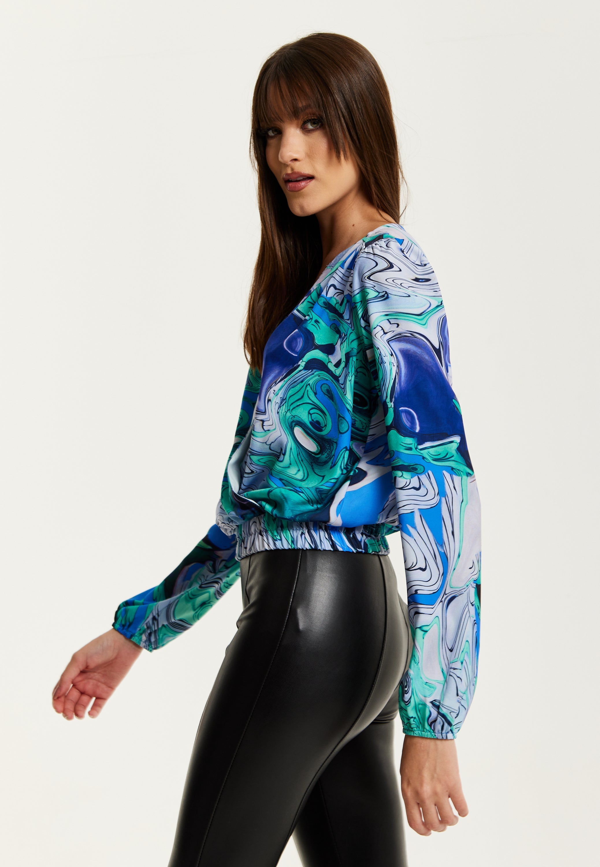 Women's Turquoise Marble Print Wrap Top with Crossover Front, V Neck, Long Sleeves, and Elasticated Waist