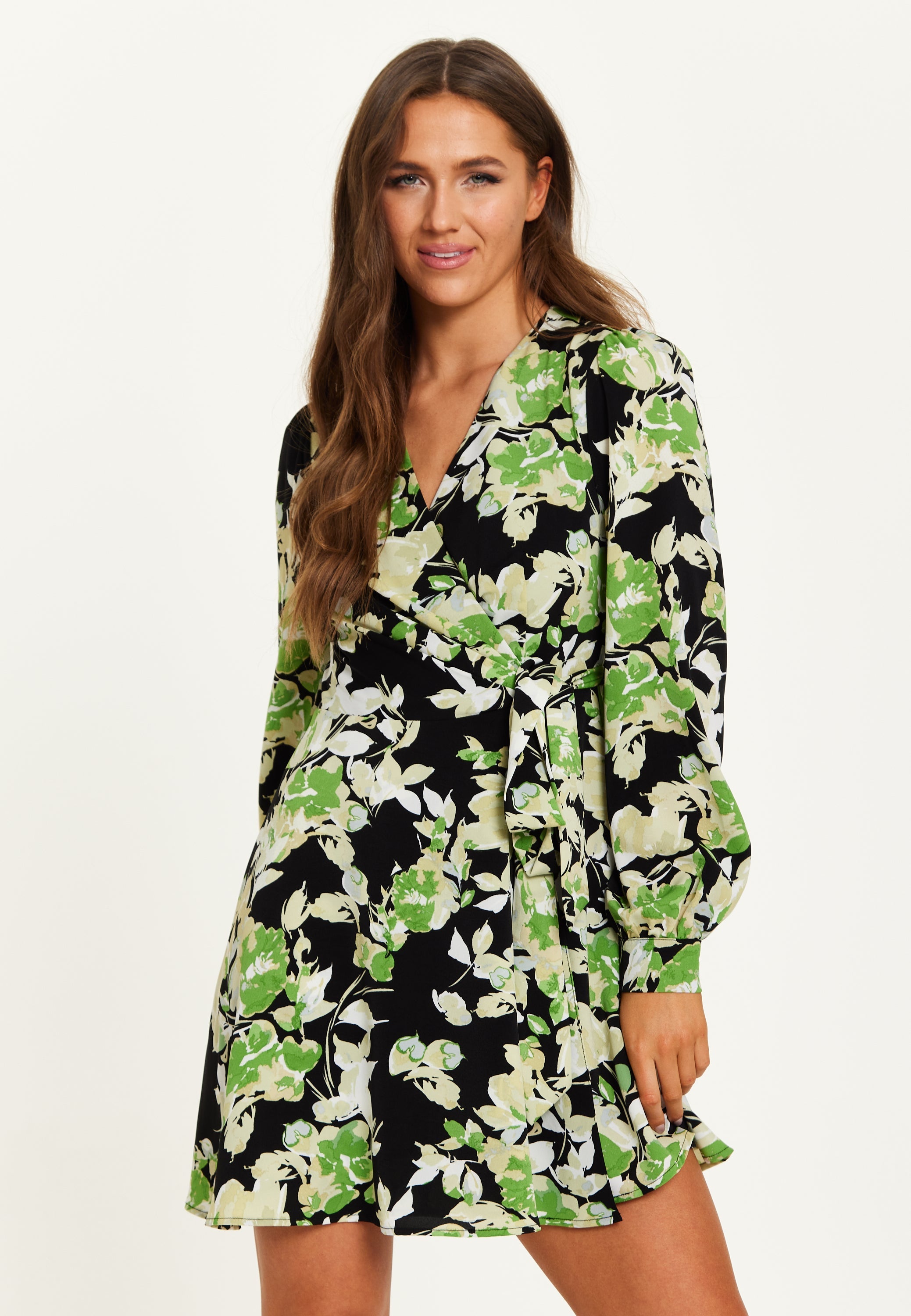 Women's Mini Dress in Black with Long Sleeves and Green Floral Print Wrap Style - Liquorish