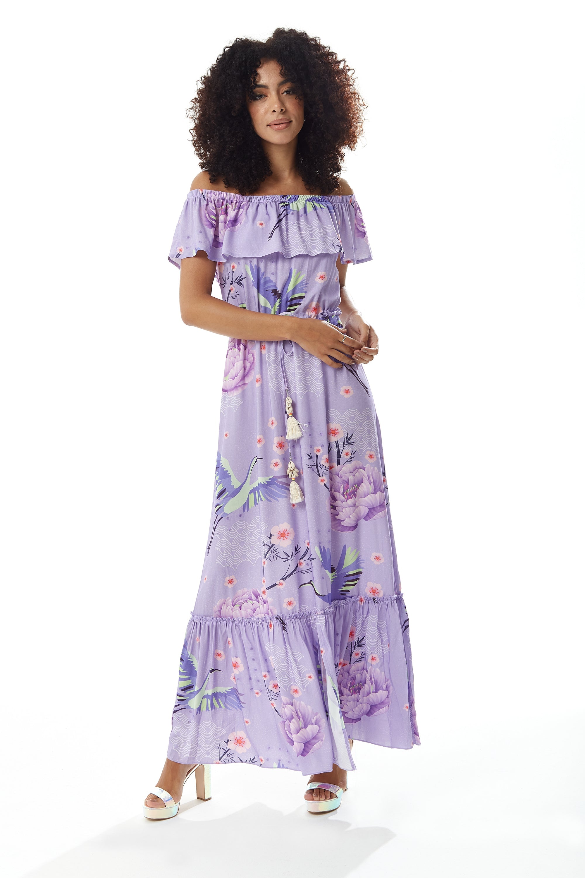 Lilac Floral Off Shoulder Maxi Dress
