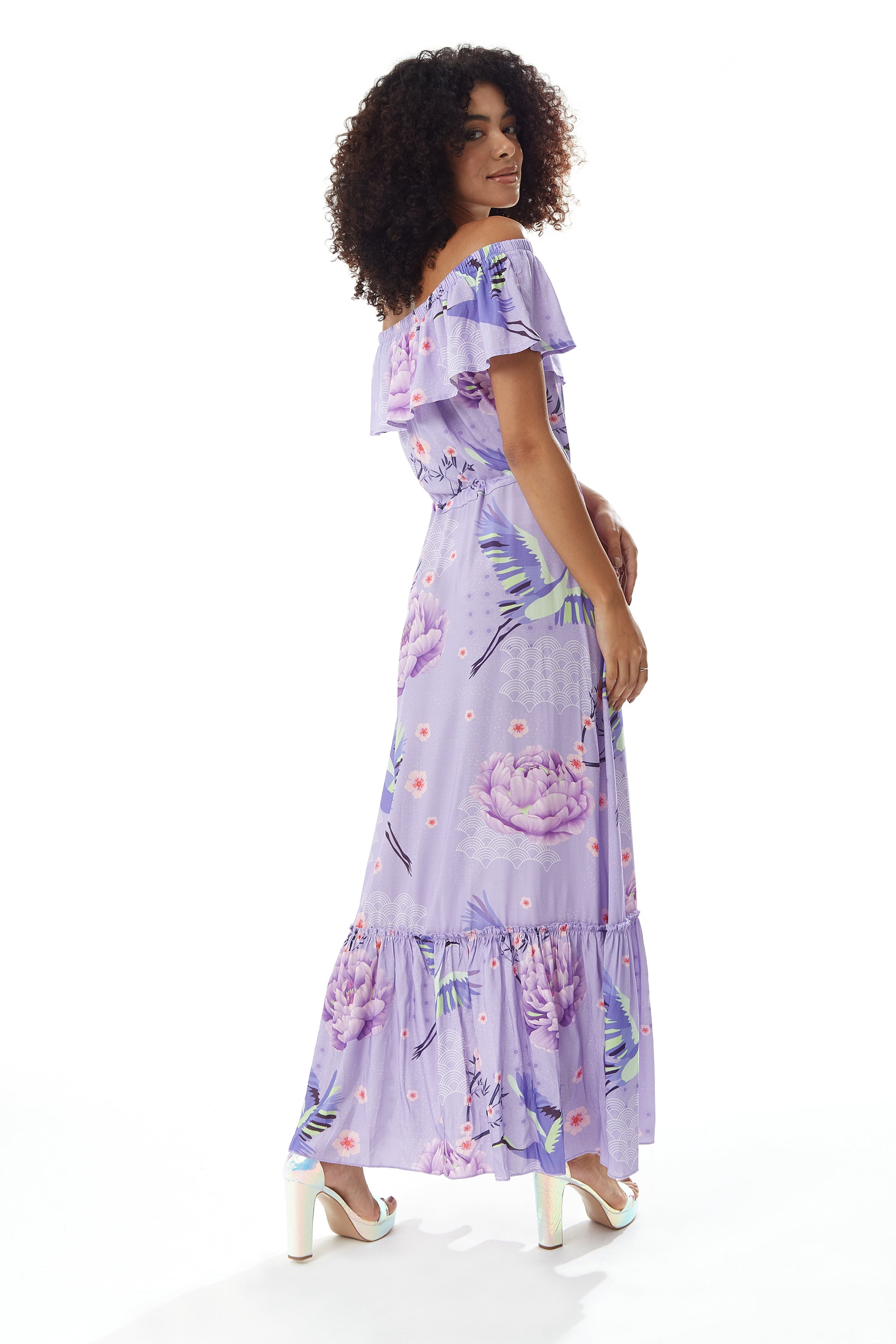 Lilac Floral Off Shoulder Maxi Dress