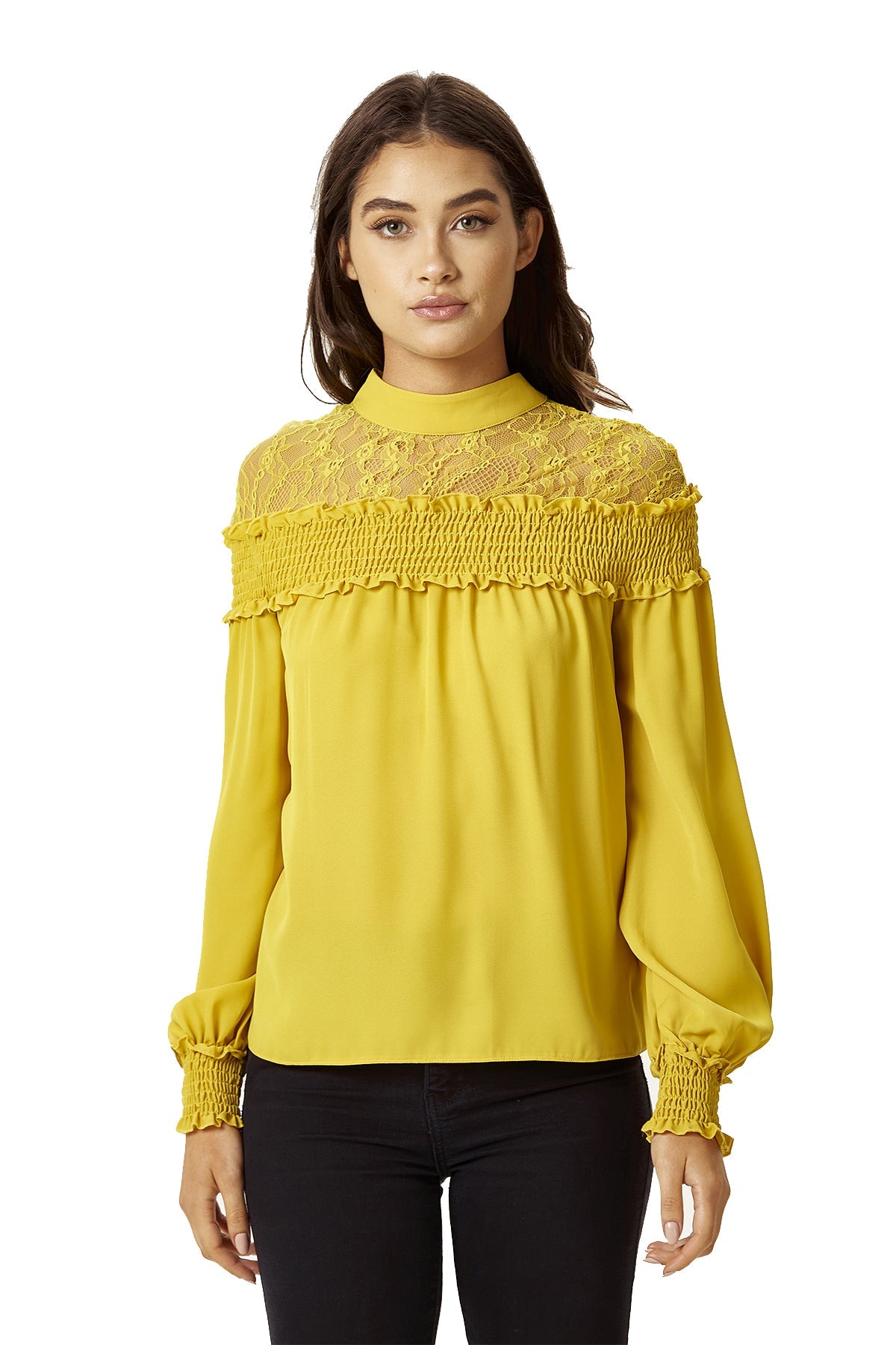 Women's Mustard Long Sleeve Top with Lace Details, High Neck, Tie Back, Regular Fit, Elegant and Stylish