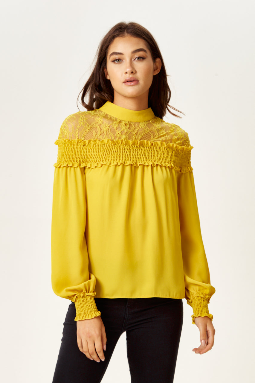 Women's Mustard Long Sleeve Top with Lace Details, High Neck, Tie Back, Regular Fit, Elegant and Stylish