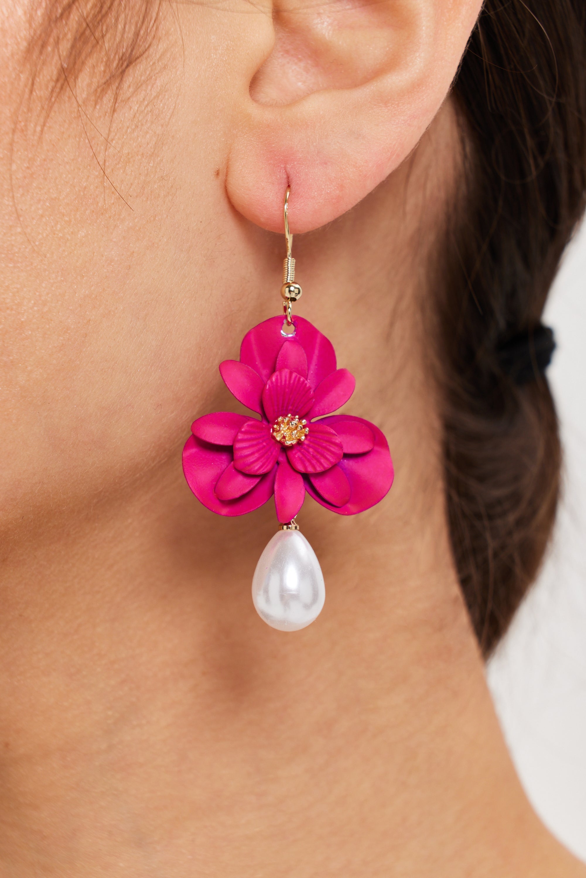 Liquorish Pink Flower Drop Earrings With Pearl Detail