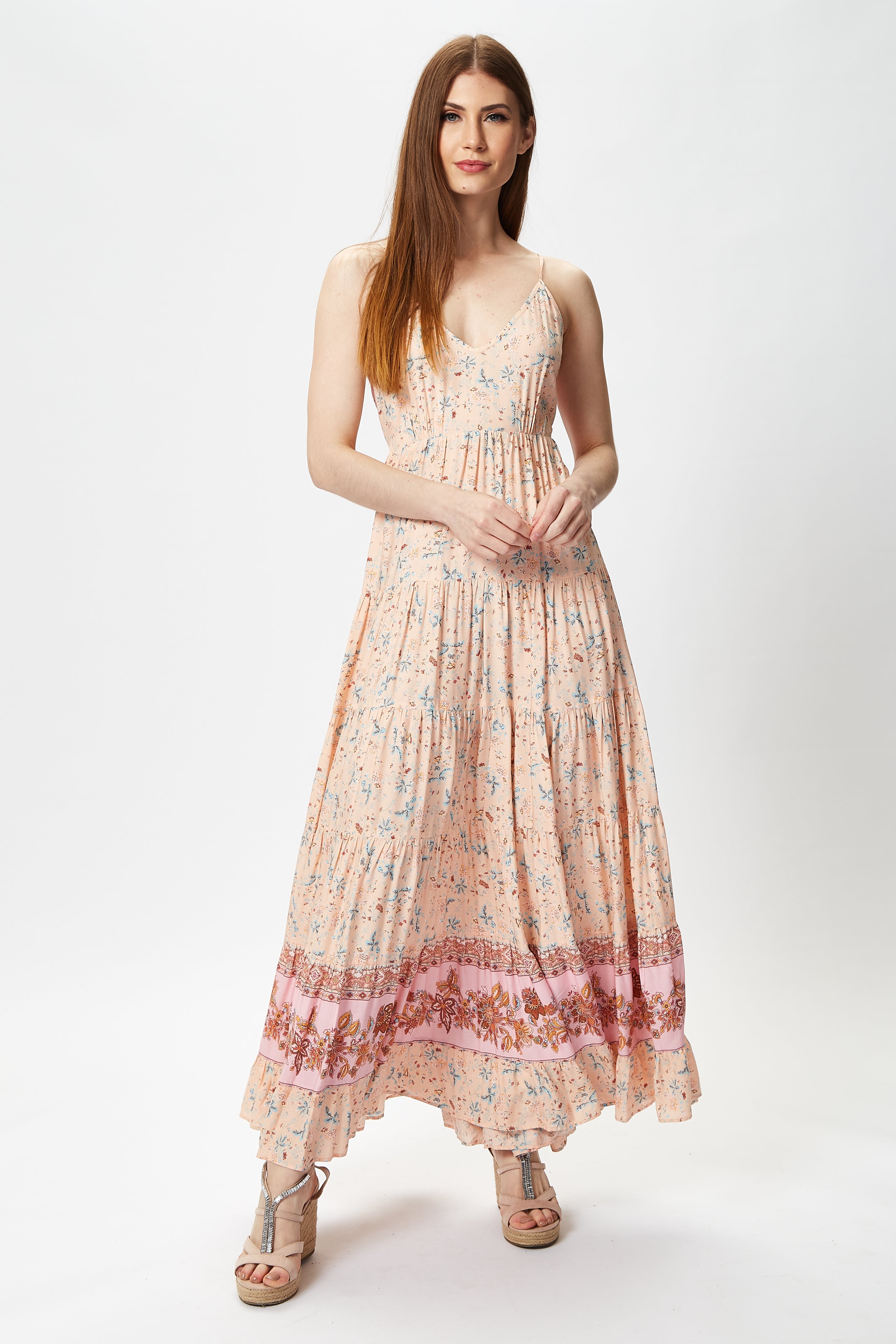 Women's Maxi Dress in Nude Floral Print with Sleeveless Design and Tie Back Detail - Liquorish