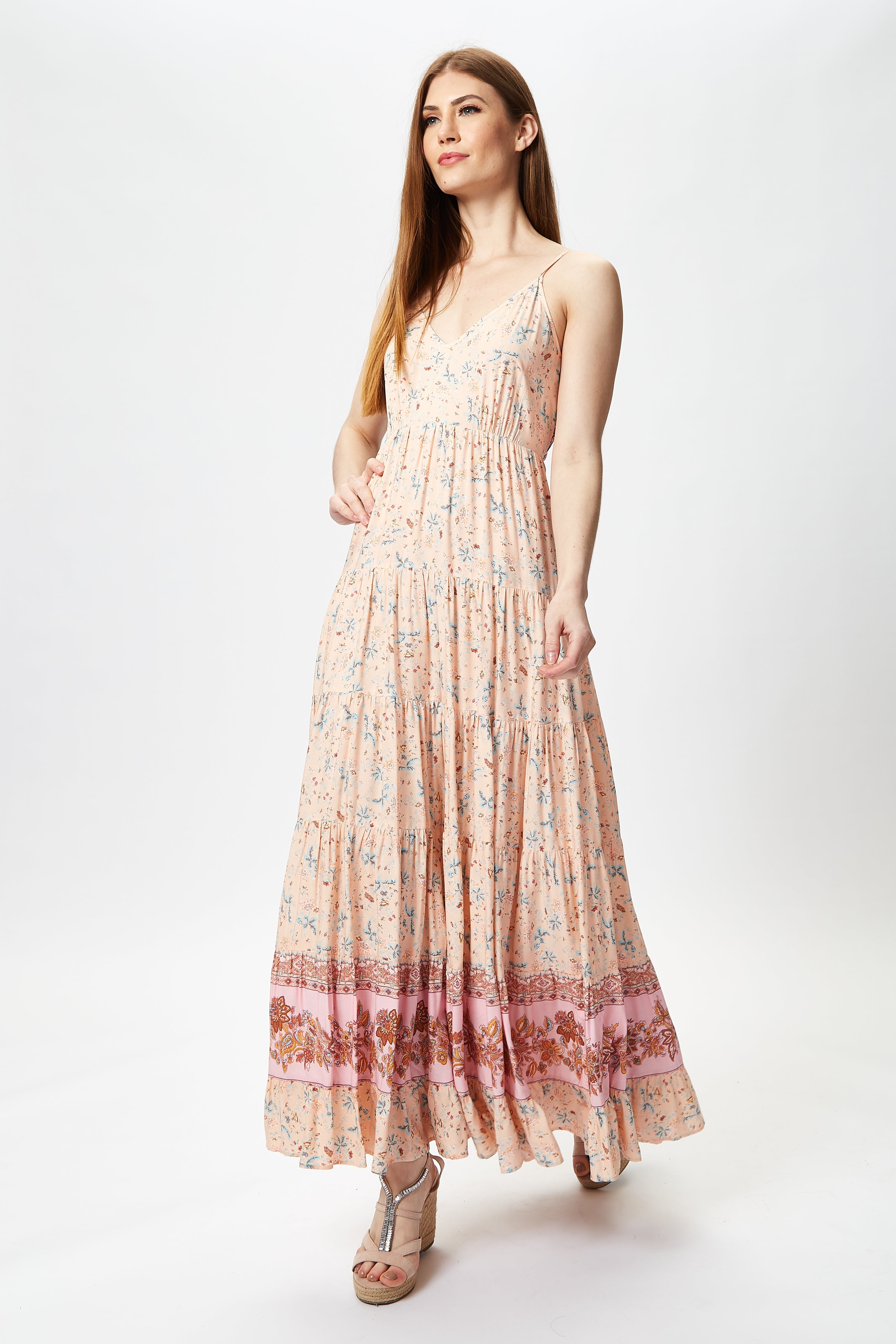 Women's Maxi Dress in Nude Floral Print with Sleeveless Design and Tie Back Detail - Liquorish