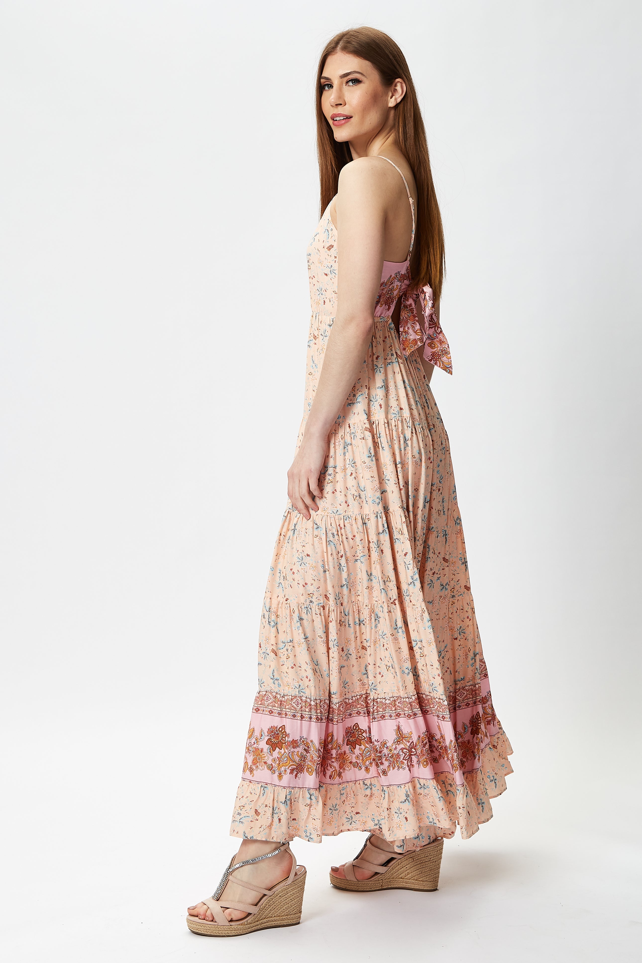 Women's Maxi Dress in Nude Floral Print with Sleeveless Design and Tie Back Detail - Liquorish